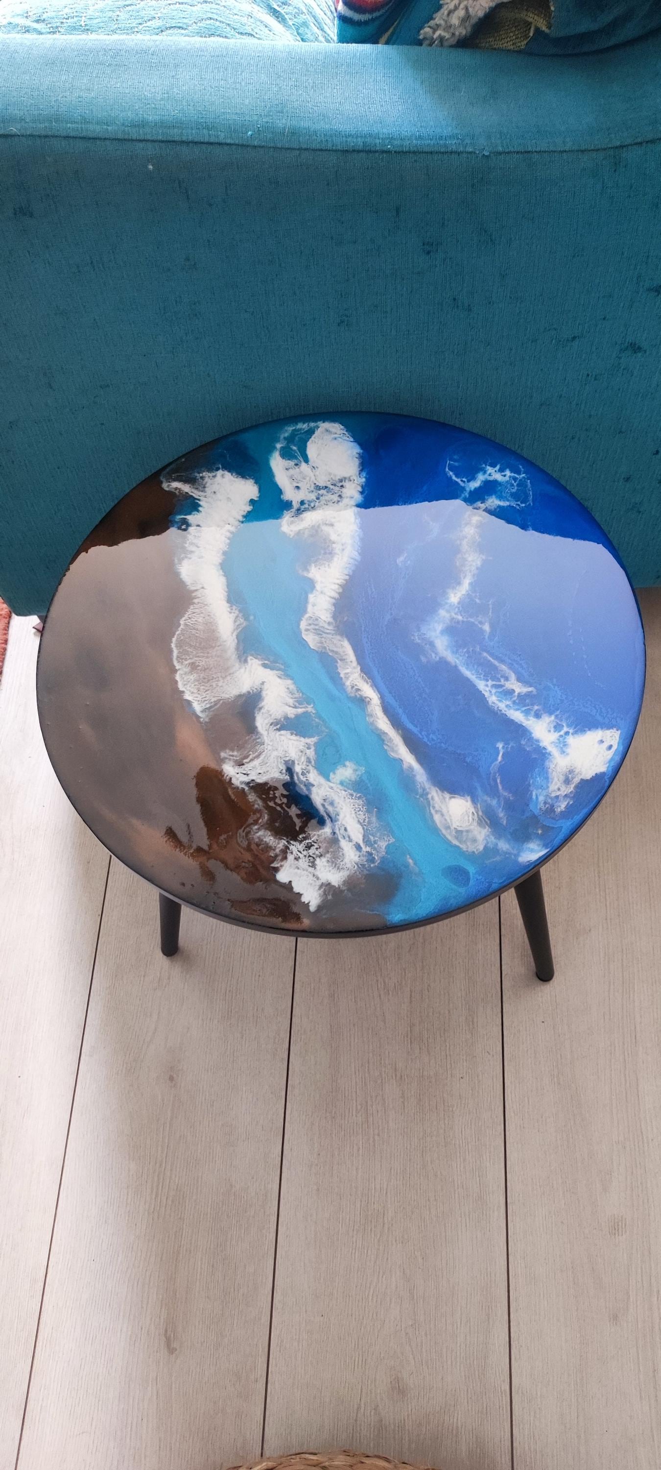 Handcrafted Resin Coffee Table with Sea Art Inspiration on Metal Legs - Retro Coastal Bedside Table with Natural Sand Art Detail