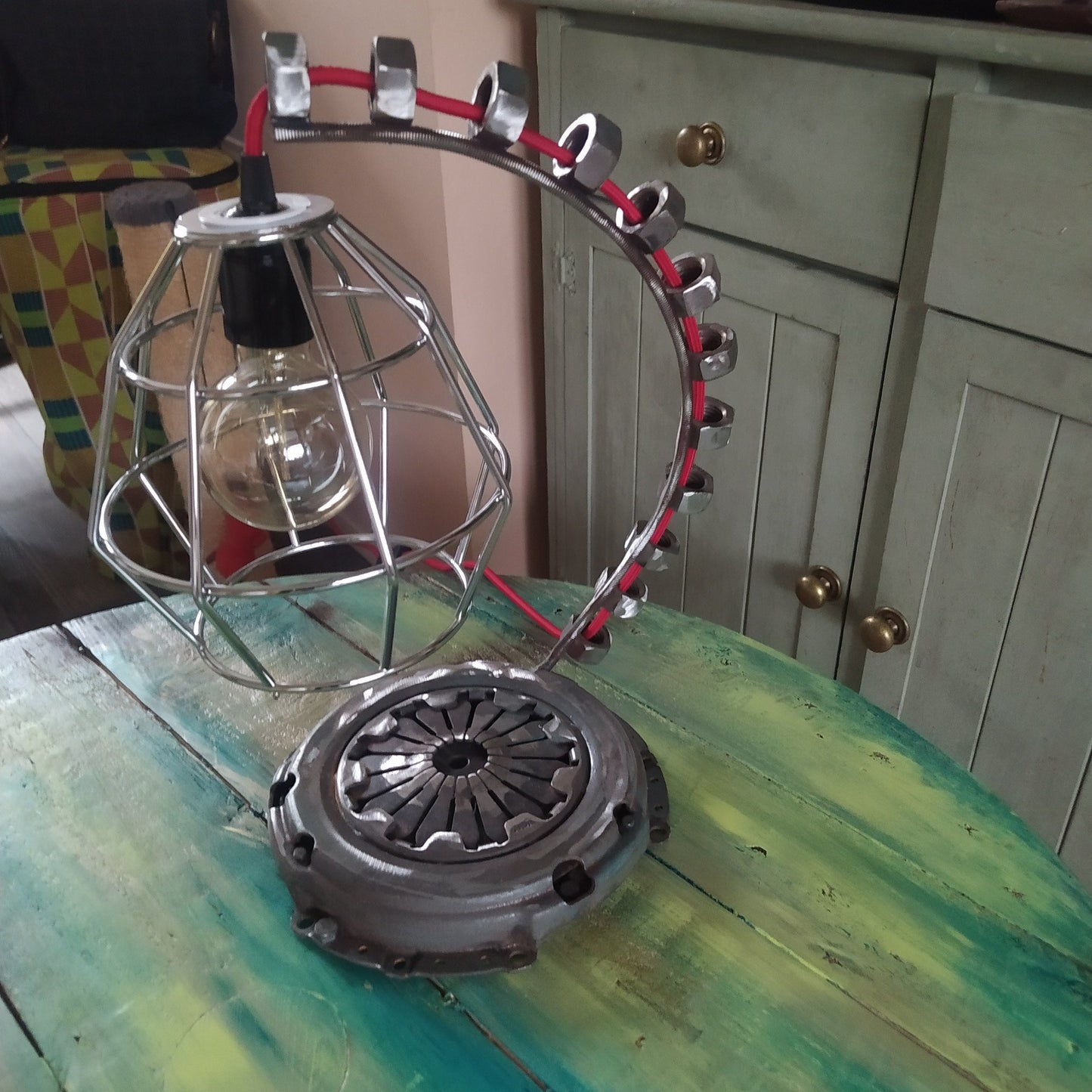 Vintage Industrial Steampunk Metal Table Lamp - Handmade Recycled Welded Floor Lamp with Antique Edison Bulb and Vintage Patina Finish
