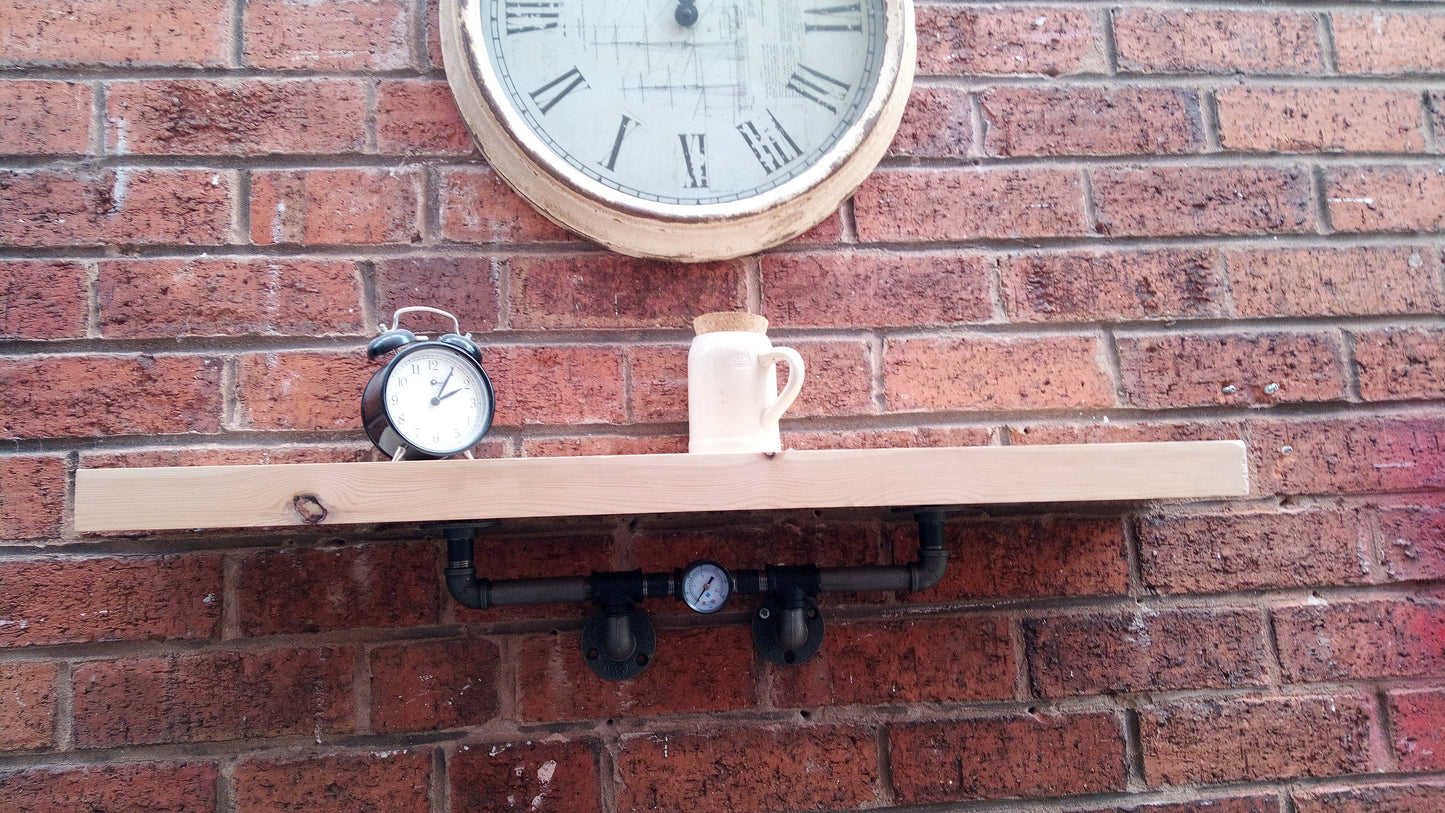 Handcrafted Steampunk Industrial Retro Style Shelves made from Pine Wood and Steel Pipe for Quirky Home Decor