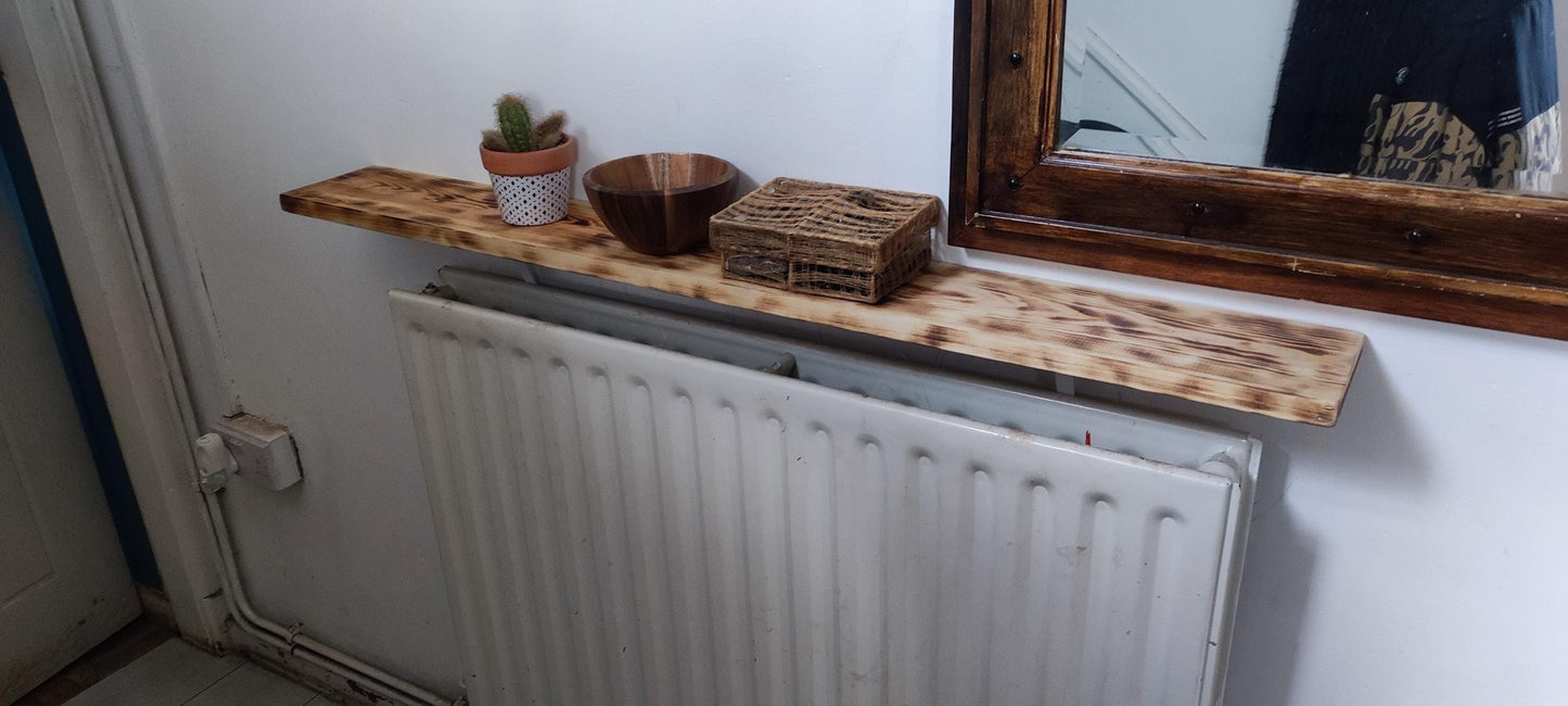 Quirky Industrial Radiator Table with Burned Pine Wood Console Top - No Drilling Needed, Custom Sizes Available