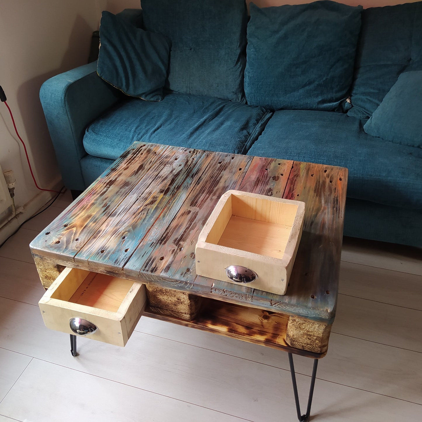 Unique Steampunk Industrial Coffee Table with Recycled Pallet Top and Metal Legs - Quirky Design for Any Room