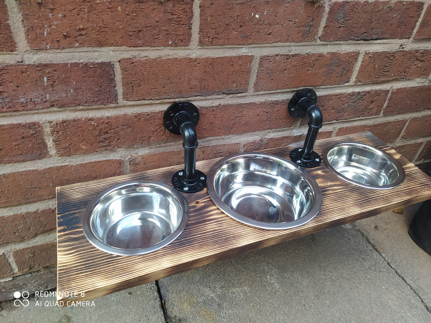Modern Handmade Hanging Pet Feeder | Black Pipe and Wood Design | Personalized Engraving | Small or Medium Bowl Options