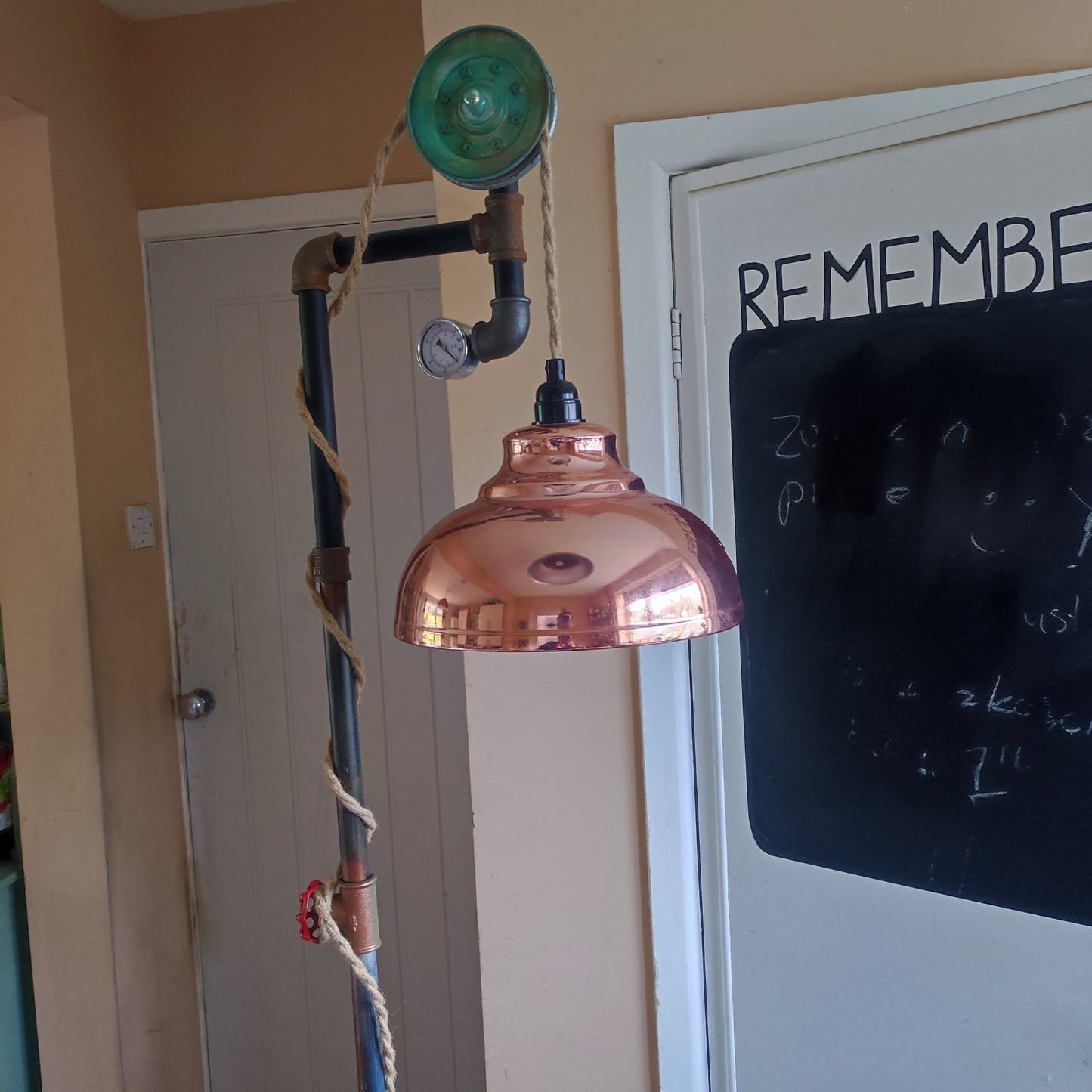 Vintage Industrial Steampunk Floor Lamp with Yellow Lampshade & Edison Bulbs