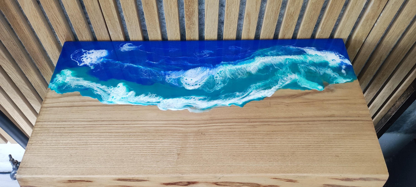 Steampunk Industrial Oak Coffee Table Resin Ocean Waves Effect Lacquered Pin Legs Design