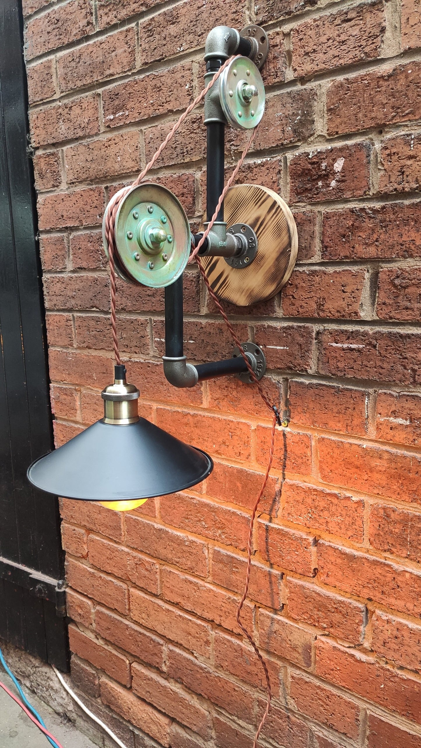 Vintage Industrial Steampunk Hanging Lamp with Red Lampshades - Handmade Retro Pipe Design with Pulley Wheel and Patina Finish - Vintage