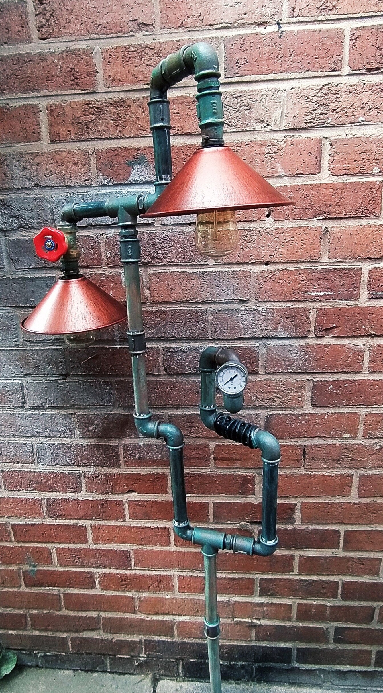 Retro Industrial Steampunk Vintage Floor Lamp with Red Shades - Handcrafted Metal Pipe Design, Includes Antique Bulbs and Lamp Switch