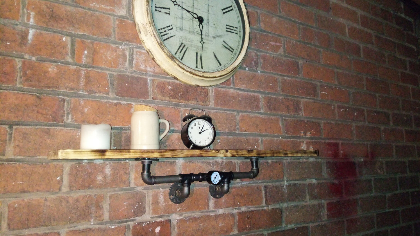 Industrial Steampunk Burnt Wood Pipe Shelf - Retro Design with Malleable Steel Fittings and Wax Oil Finish