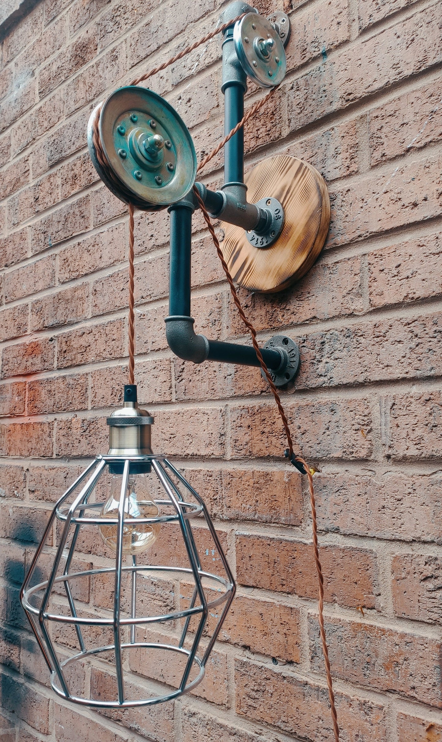 Vintage Industrial Steampunk Hanging Lamp with Red Lampshades - Handmade Retro Pipe Design with Pulley Wheel and Patina Finish - Vintage