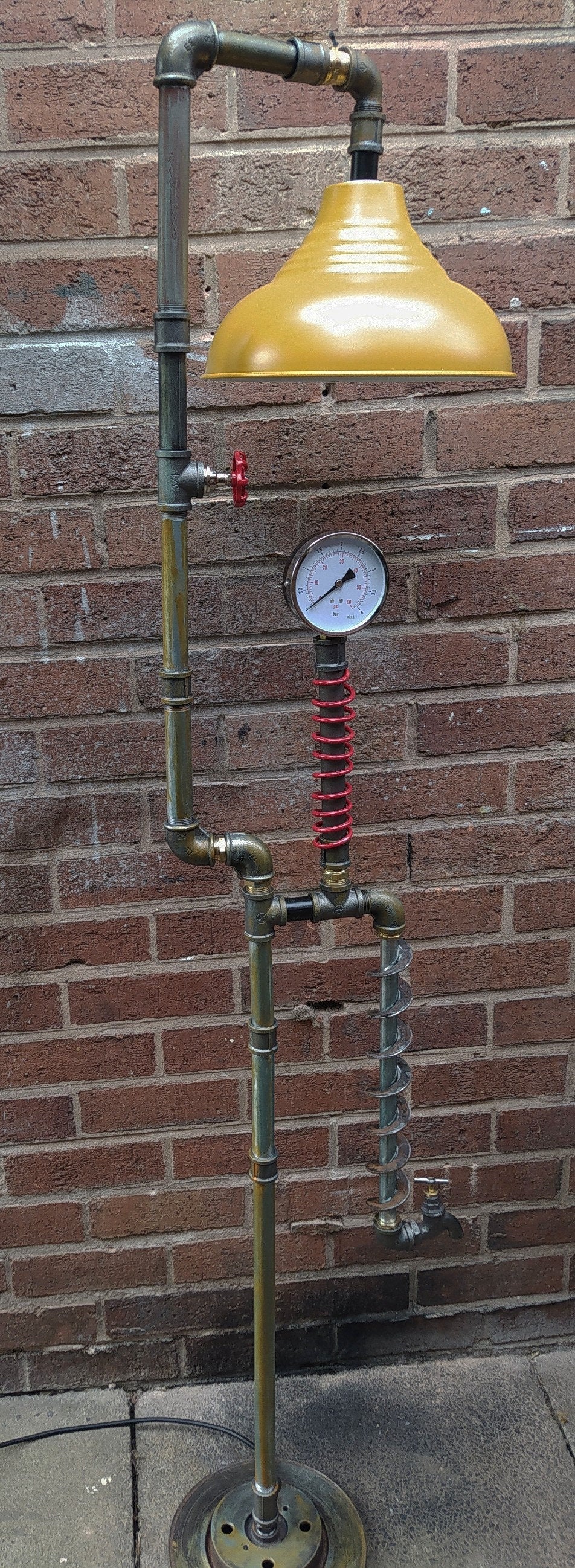 Handmade Industrial Steampunk Vintage Floor Lamp with Blue Lampshade - Retro Pipe Design - 2x E27 Antique Bulbs - Easy to Operate Switch