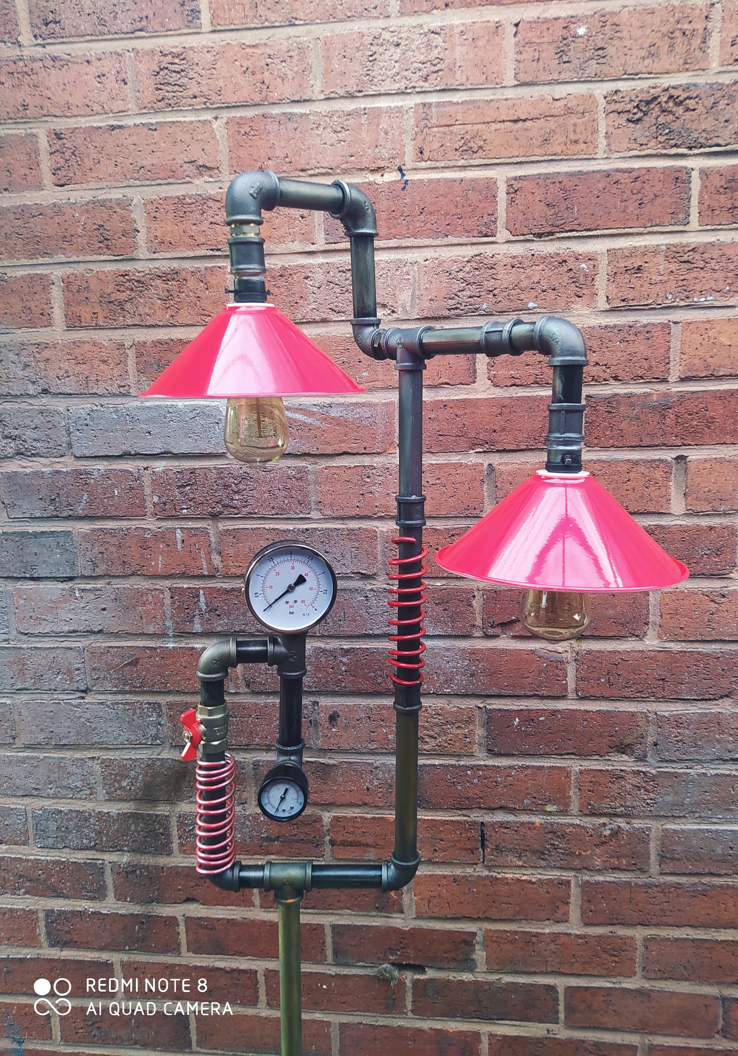 Retro Industrial Steampunk Vintage Floor Lamp with Red Lampshade - Handmade Iron Pipe Lamp with Vintage Patina Finish - Edison Bulbs and