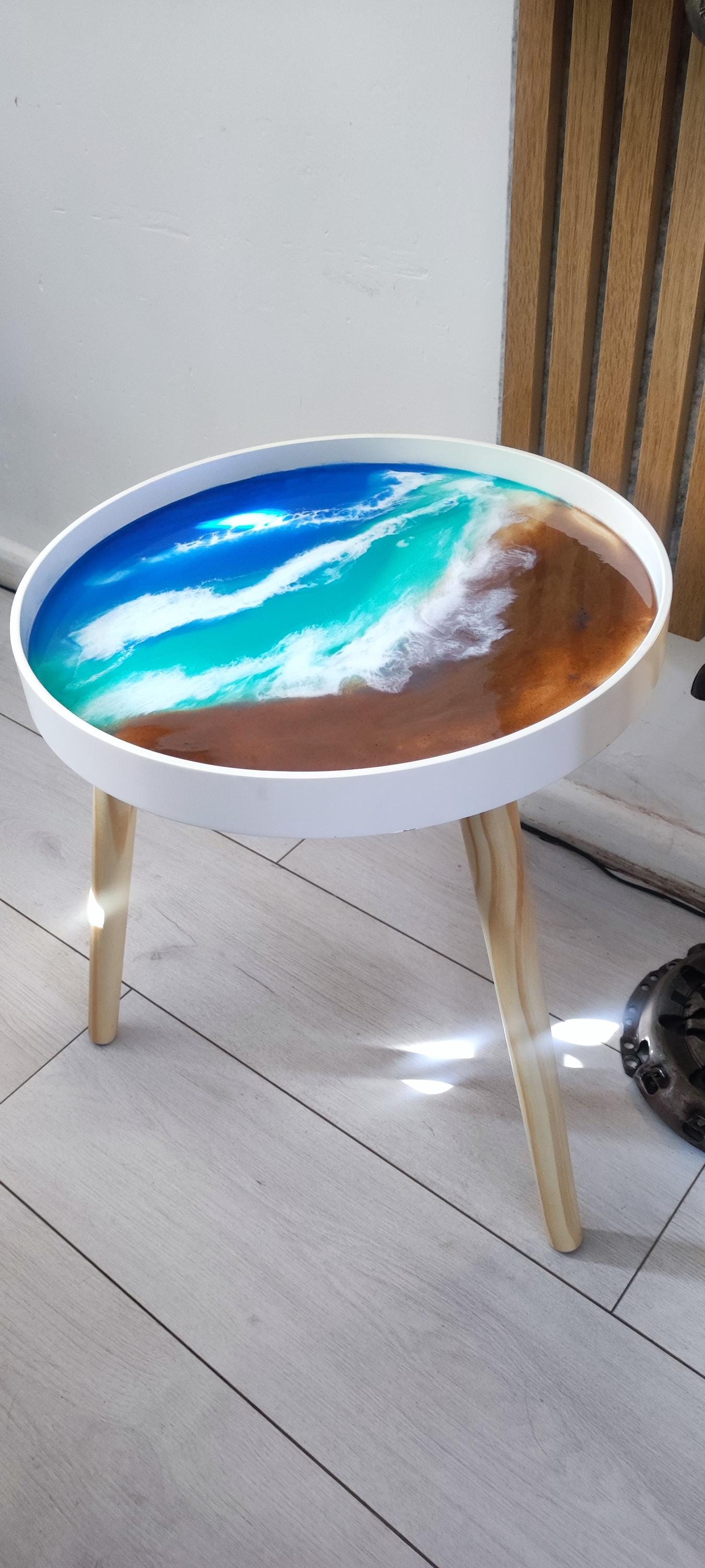 Resin Coffee Table with Sea Art Inspiration and Natural Sand Accents | Retro Side Table with Contemporary Design