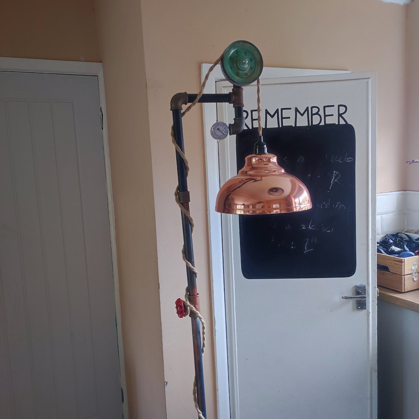 Vintage Industrial Steampunk Floor Lamp with Yellow Lampshade & Edison Bulbs
