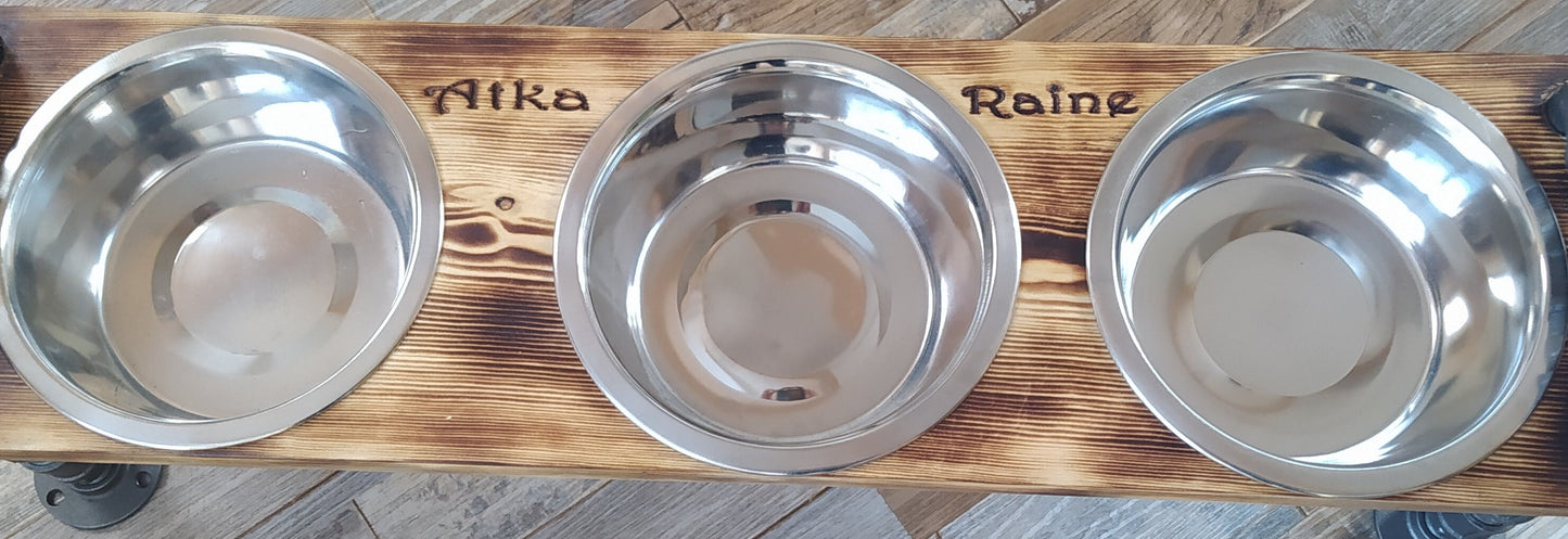 Modern Handmade Hanging Pet Feeder | Black Pipe and Wood Design | Personalized Engraving | Small or Medium Bowl Options