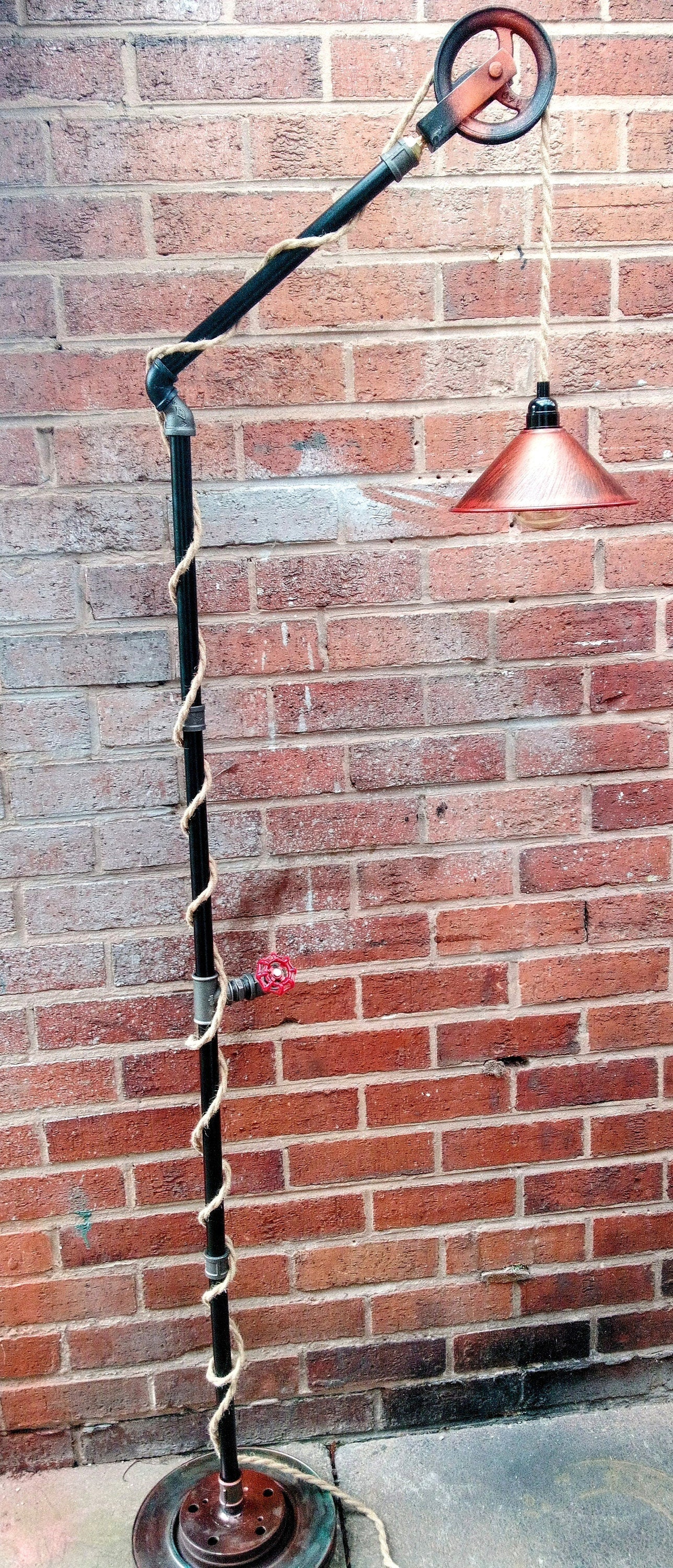 Steampunk Industrial Pipe Floor Lamp with Vintage Yellow Lampshade