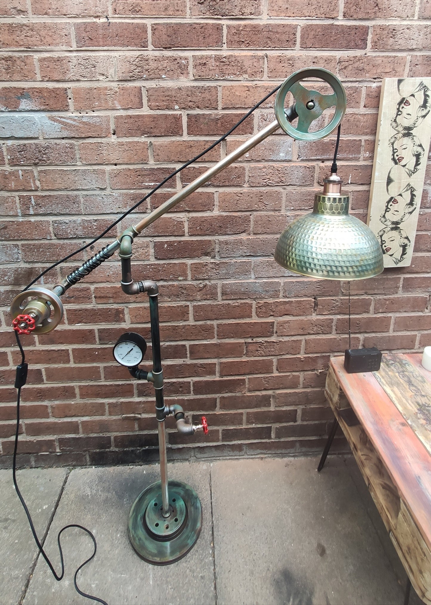 Retro Industrial Steampunk Floor Lamp with Red Lampshades - Handmade Vintage Pipe and Pulley Design - Metal Iron Construction, Patina Finish