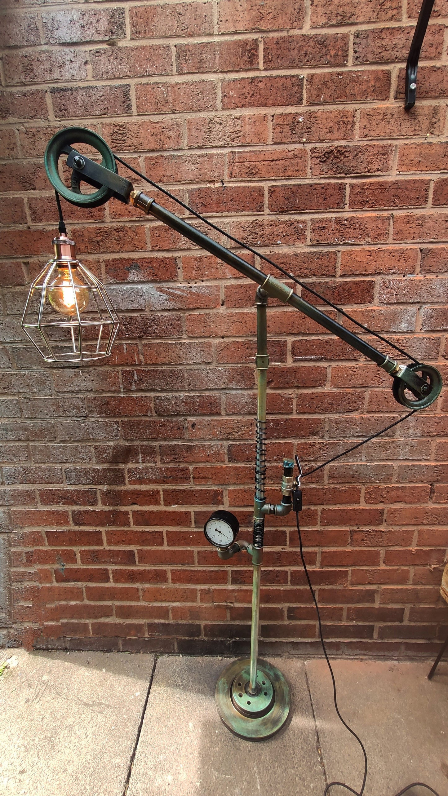 Vintage Industrial Steampunk Floor Lamp with Red Lampshades | Handmade Retro Pipe Design with Pulley Wheel | Iron Material with Vintage