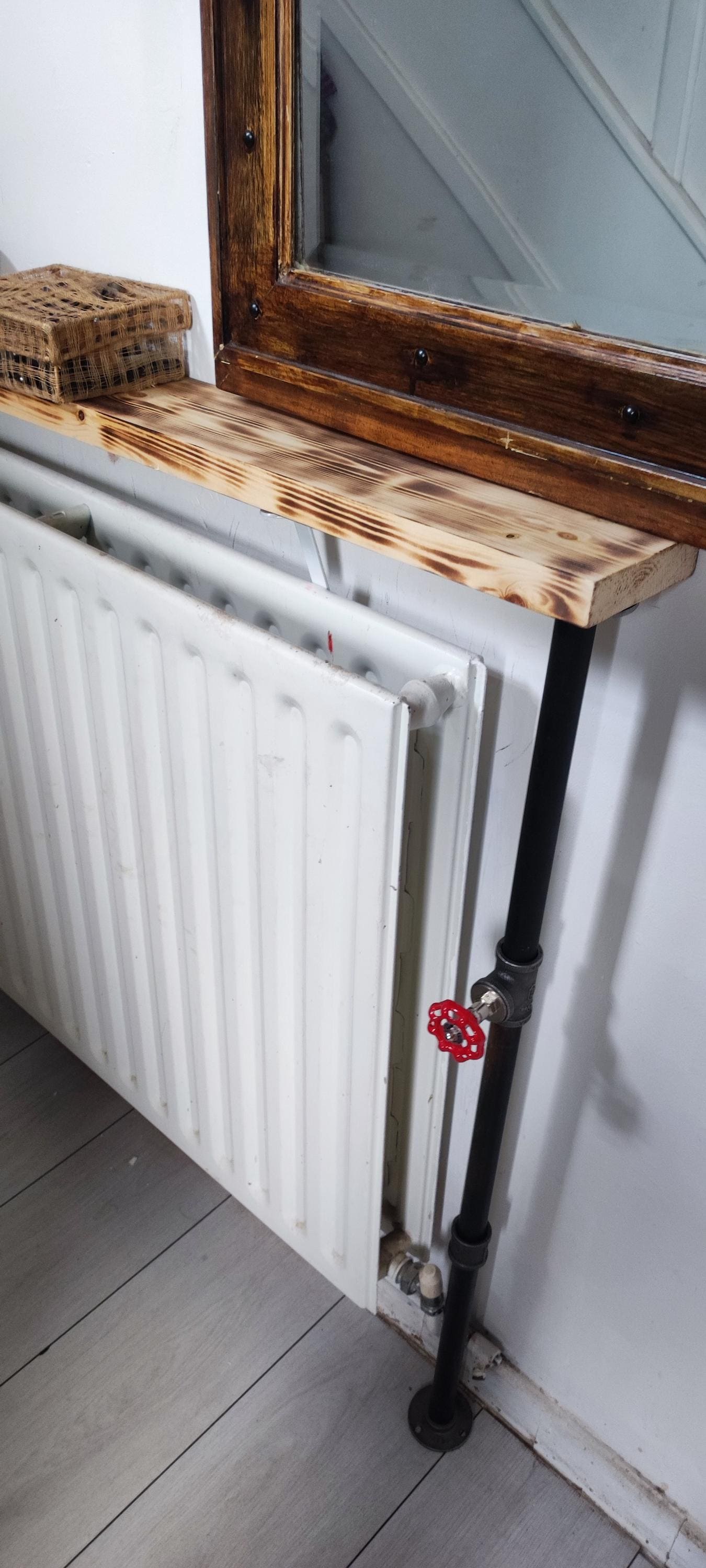 Industrial Burned Pine Wood Radiator Table with Industrial Pipe Legs and Quirky Design - Custom Size Options Available