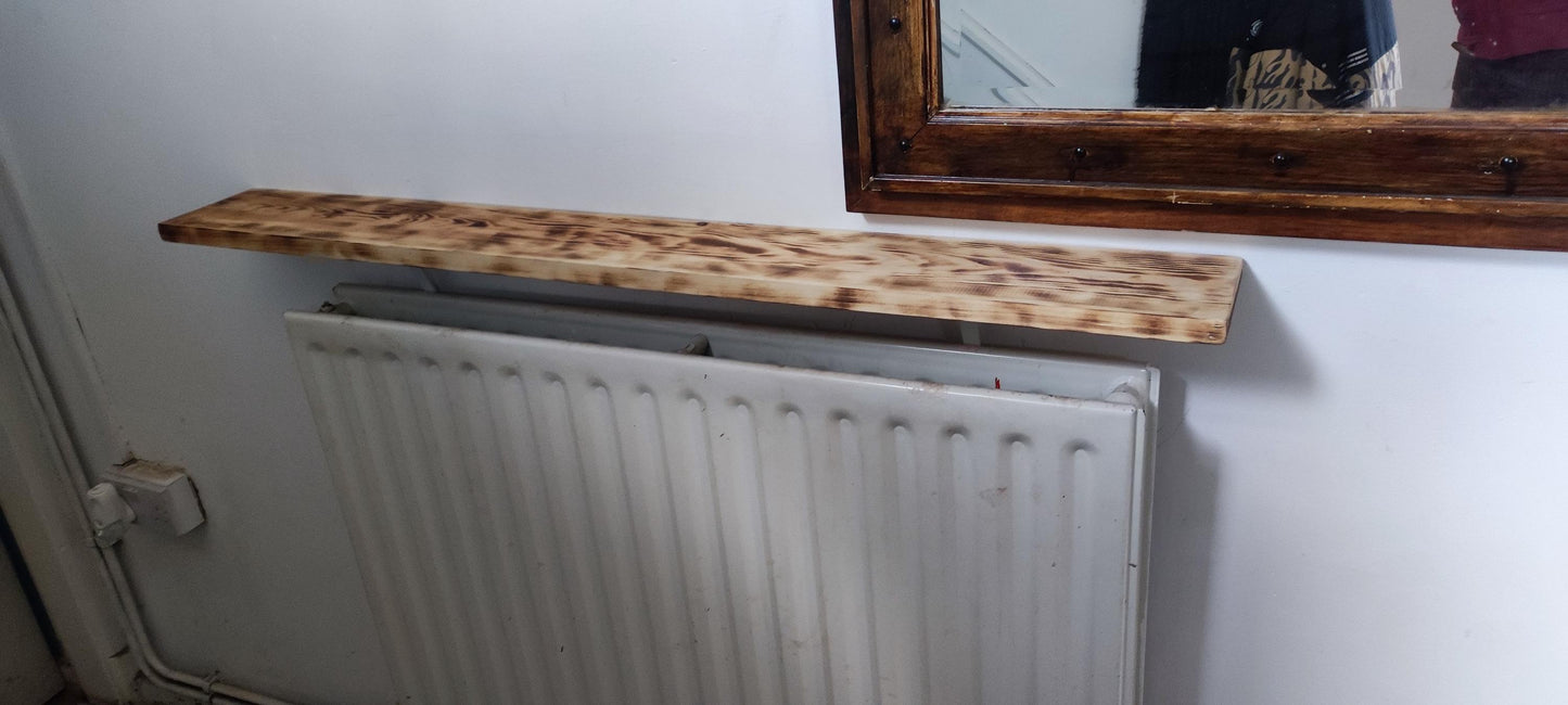 Quirky Industrial Radiator Table with Burned Pine Wood Console Top - No Drilling Needed, Custom Sizes Available