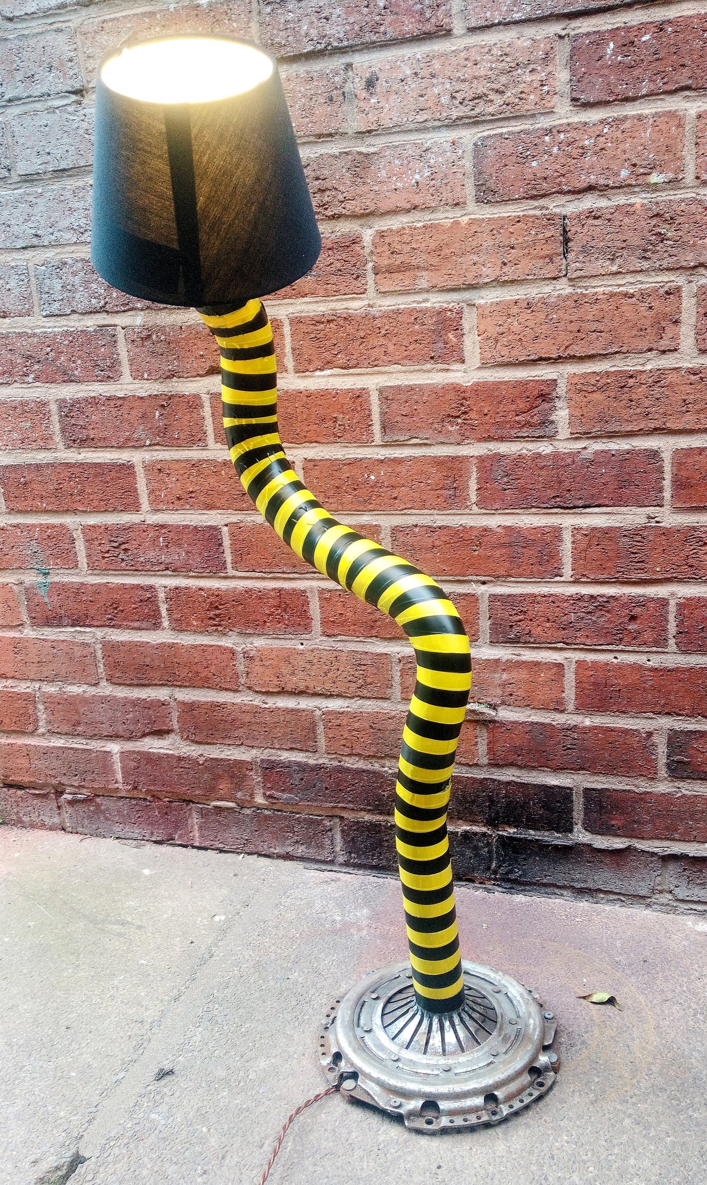 Vintage Industrial Stripe Metal Floor Table Lamp - Handmade Retro Steampank Art with Edison Bulb and Lampshade - Black Metal Patina Finish