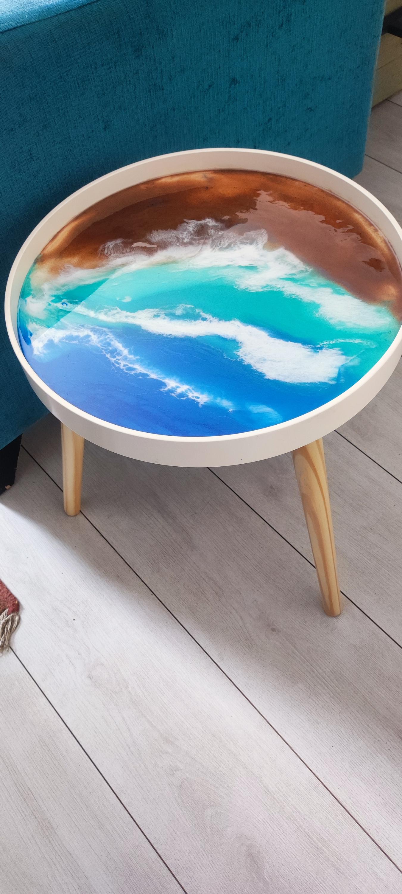 Resin Coffee Table with Sea Art Inspiration and Natural Sand Accents | Retro Side Table with Contemporary Design