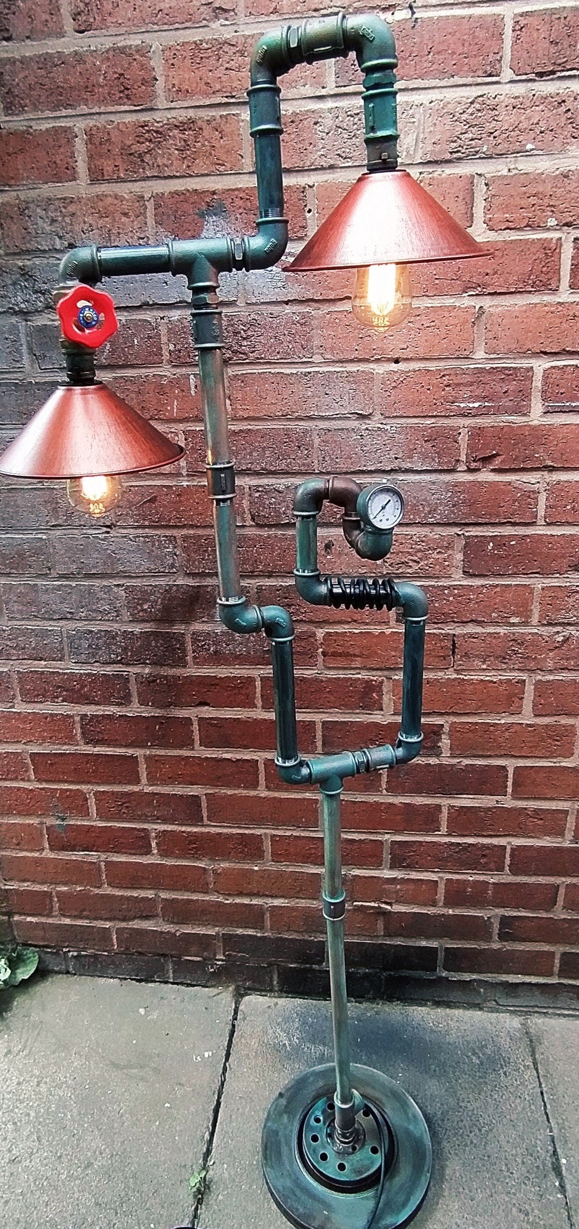 Retro Industrial Steampunk Vintage Floor Lamp with Red Shades - Handcrafted Metal Pipe Design, Includes Antique Bulbs and Lamp Switch