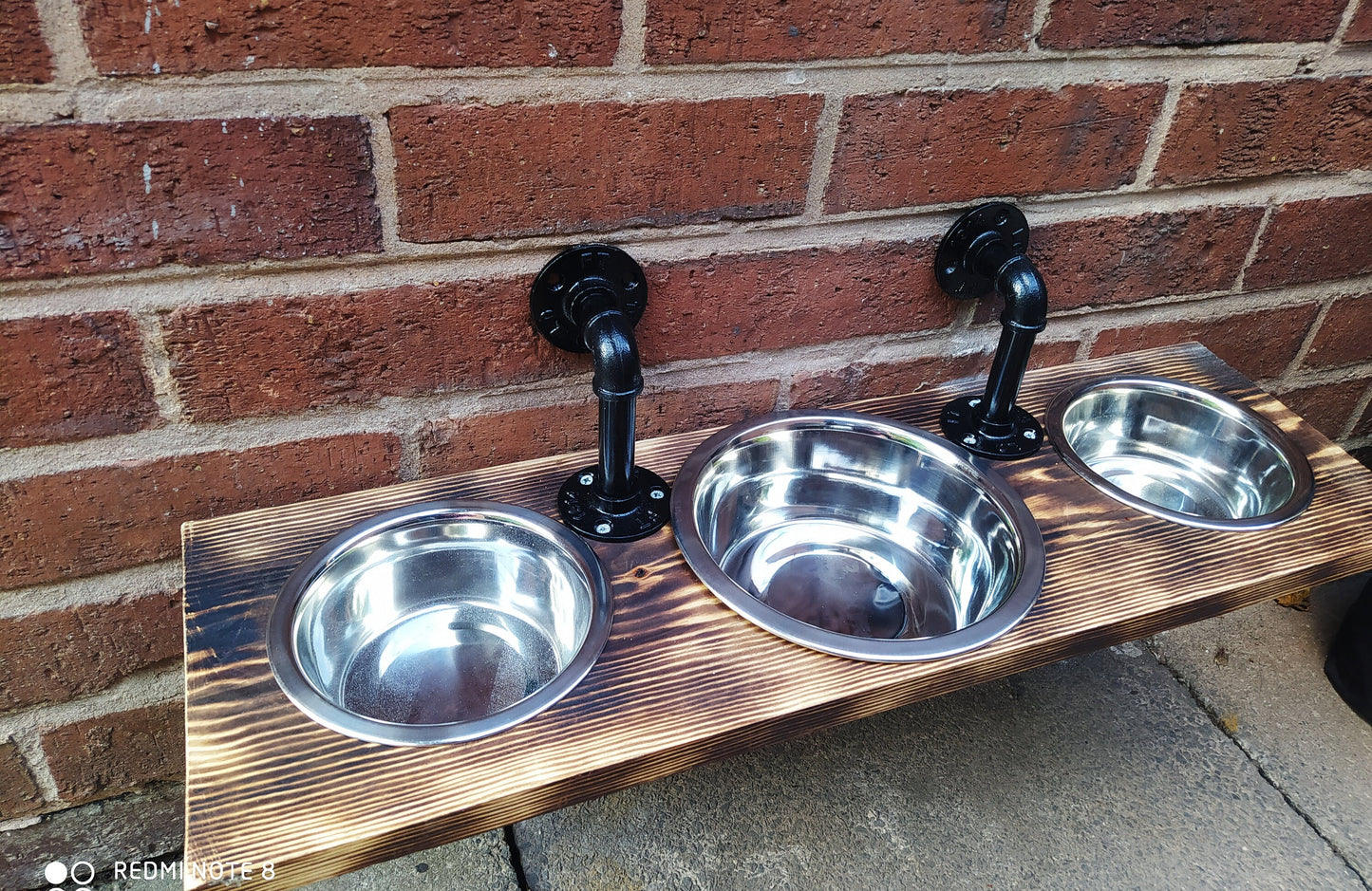 Modern Handmade Hanging Pet Feeder | Black Pipe and Wood Design | Personalized Engraving | Small or Medium Bowl Options