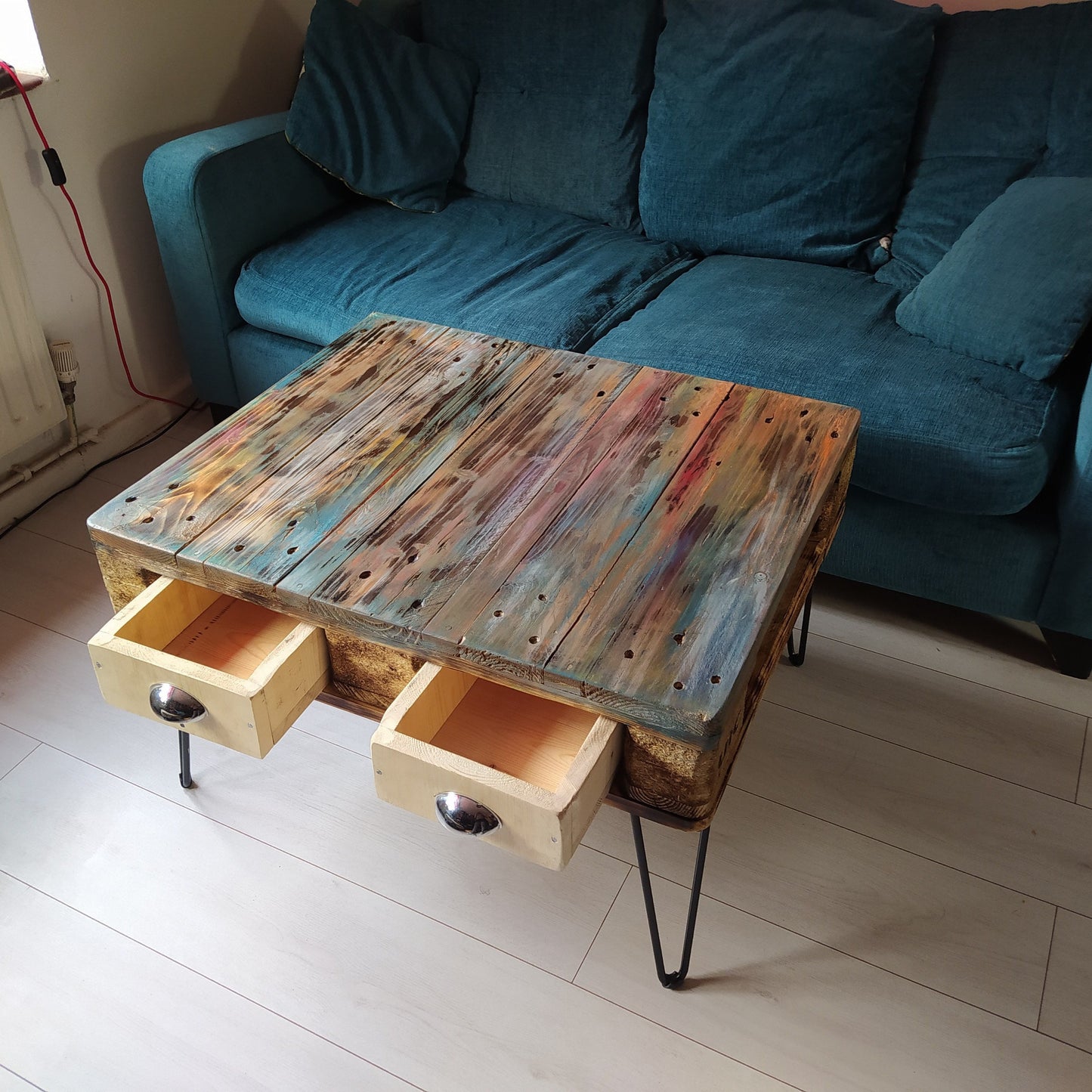 Unique Steampunk Industrial Coffee Table with Recycled Pallet Top and Metal Legs - Quirky Design for Any Room
