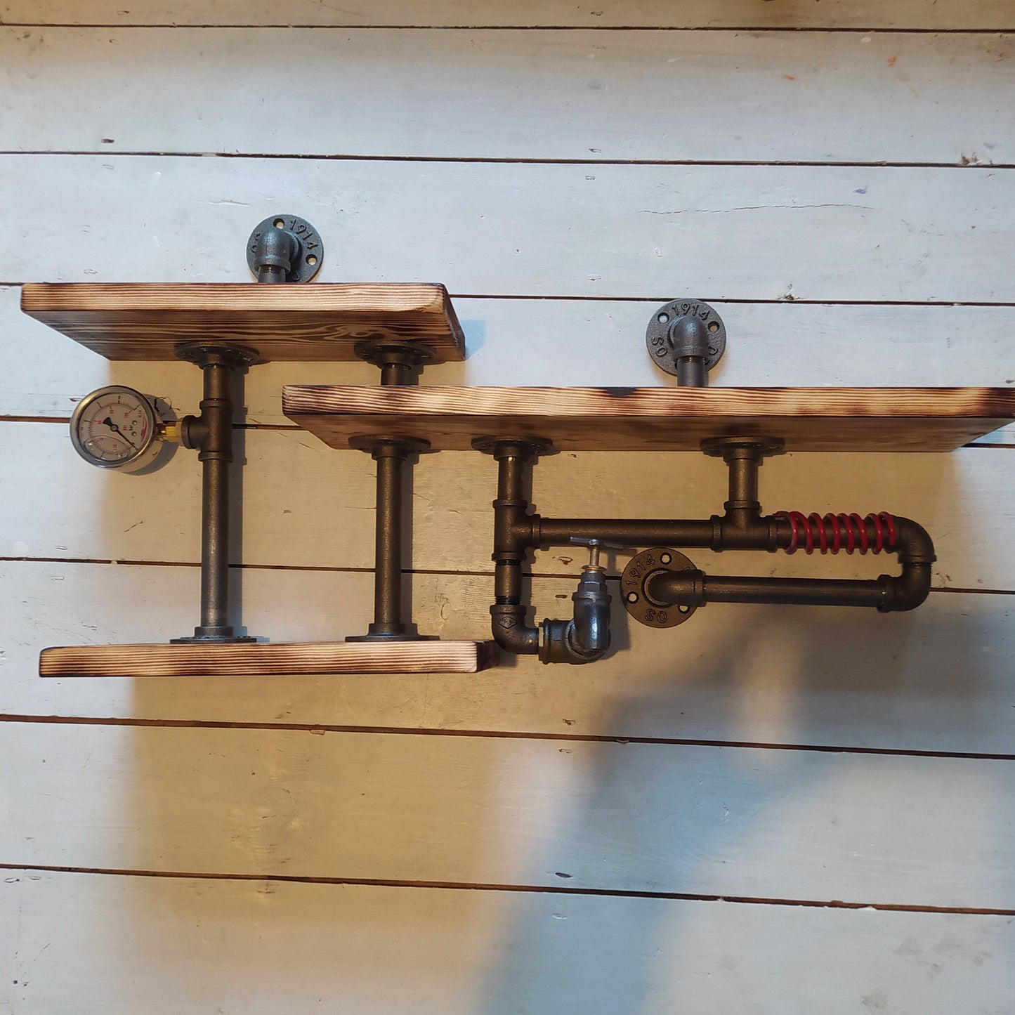 Rustic Steampunk Industrial Shelves with Malleable Steel Pipe Fittings - Handcrafted Quirky Design for Any Room
