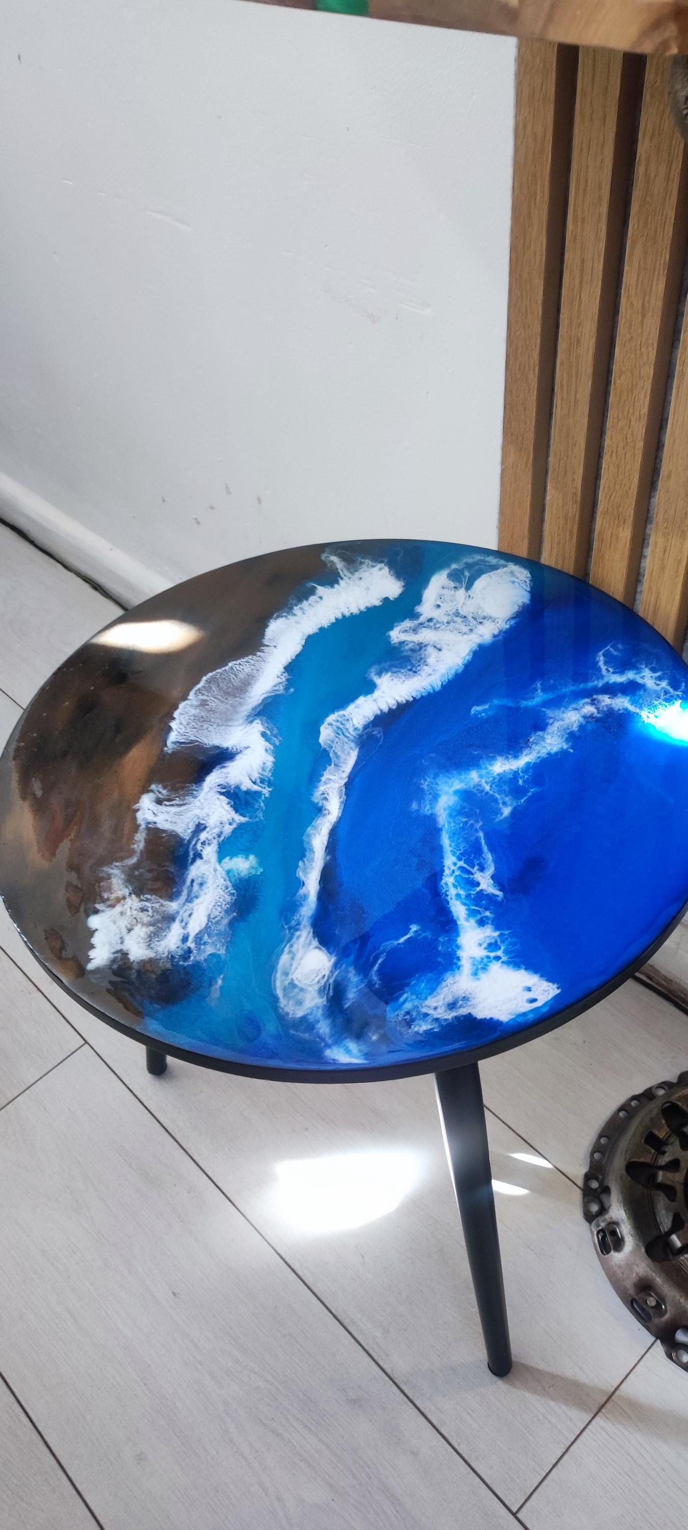 Handcrafted Resin Coffee Table with Sea Art Inspiration on Metal Legs - Retro Coastal Bedside Table with Natural Sand Art Detail