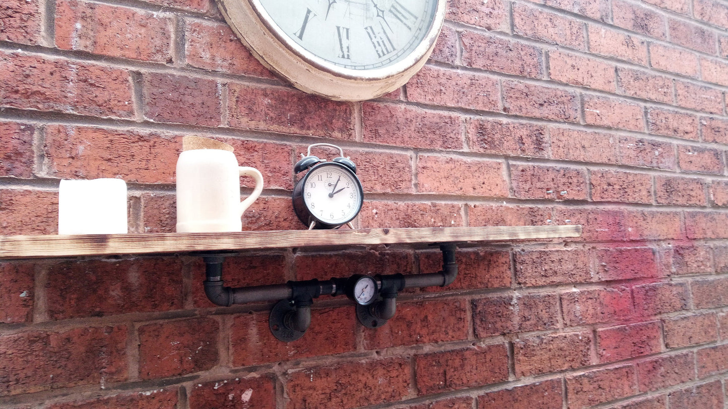 Industrial Steampunk Burnt Wood Pipe Shelf - Retro Design with Malleable Steel Fittings and Wax Oil Finish