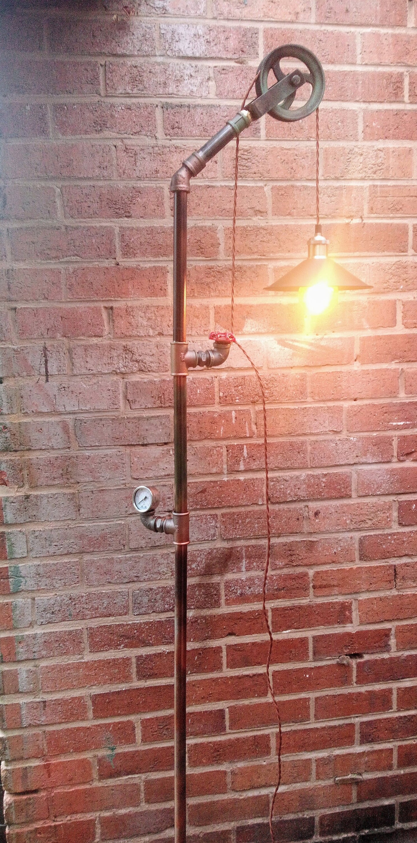 Handmade Industrial Vintage Steampunk Floor Lamp with Yellow Lampshade - Retro Pipe Design with Patina Finish - Edison Bulbs Included
