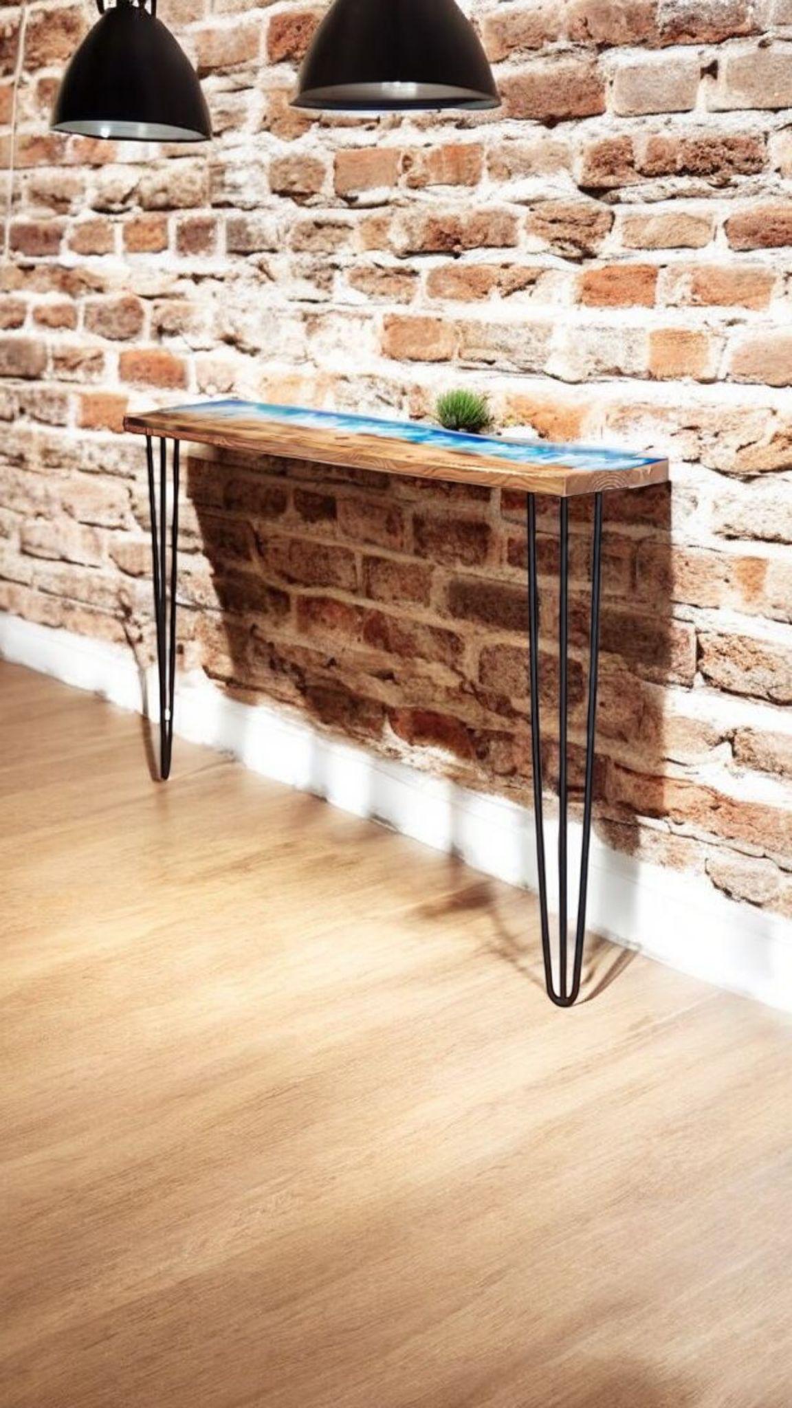 Handmade Industrial Burned Pine Wood Ocean Console Table with Pin Legs - Custom Sizes Available