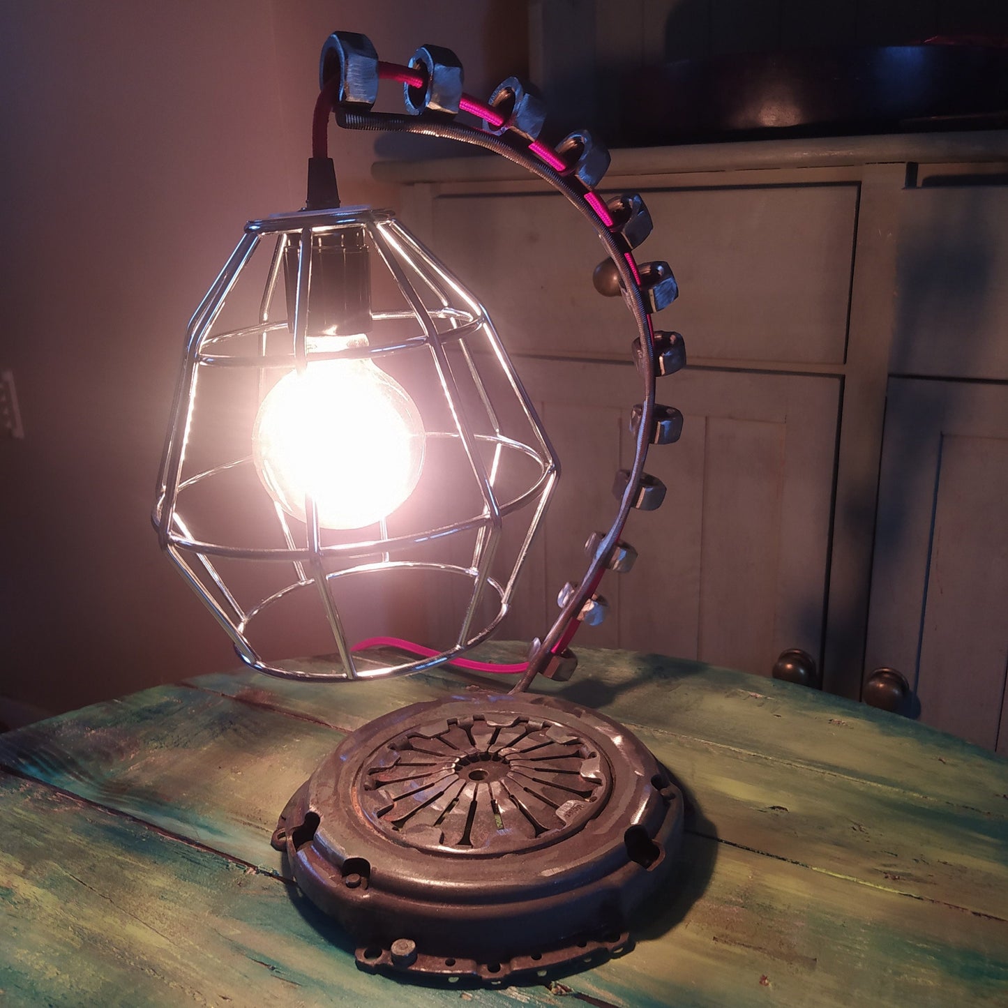Vintage Industrial Steampunk Metal Table Lamp - Handmade Recycled Welded Floor Lamp with Antique Edison Bulb and Vintage Patina Finish