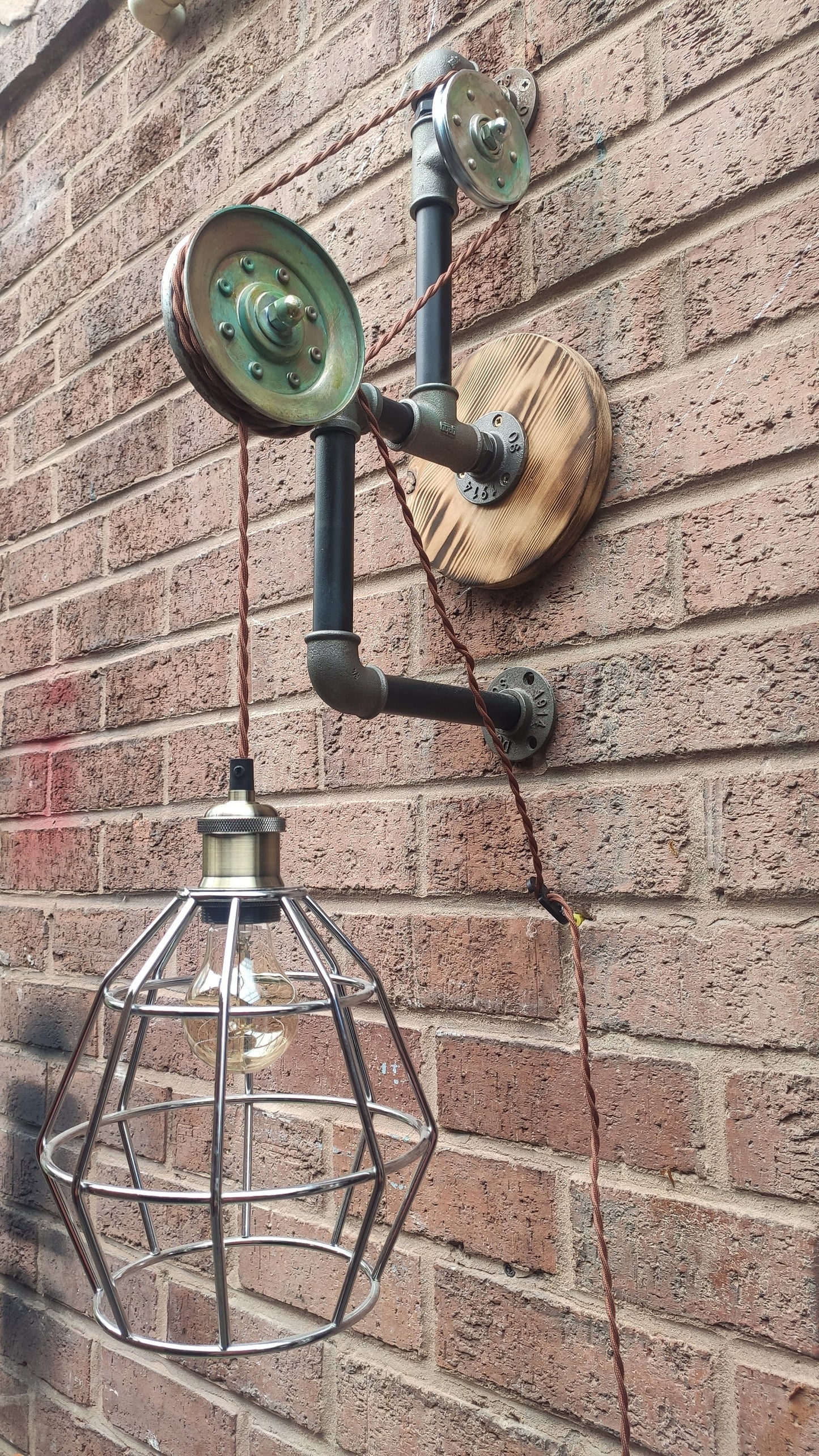 Vintage Industrial Steampunk Hanging Lamp with Red Lampshades - Handmade Retro Pipe Design with Pulley Wheel and Patina Finish - Vintage