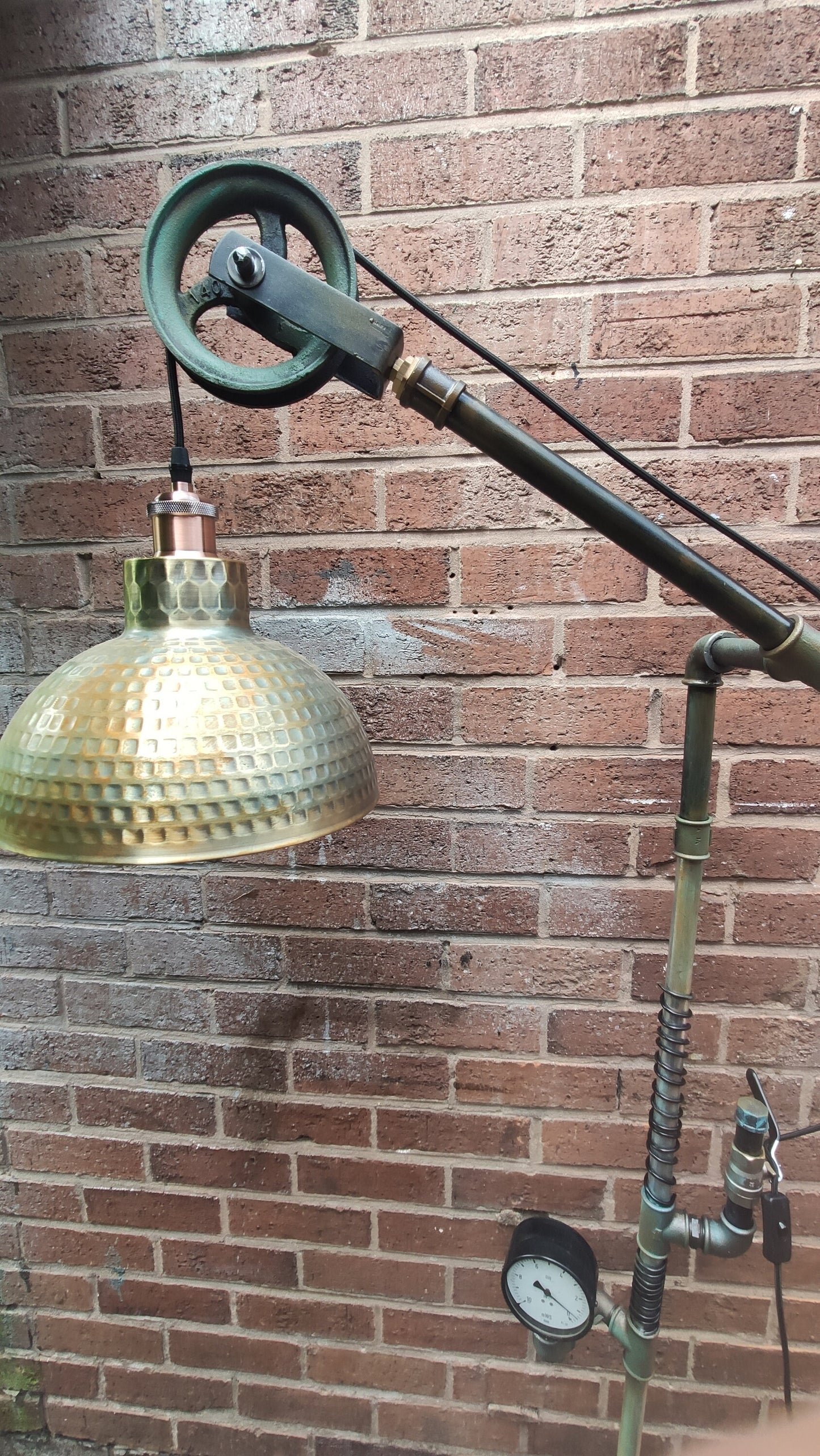 Vintage Industrial Steampunk Floor Lamp with Red Lampshades | Handmade Retro Pipe Design with Pulley Wheel | Iron Material with Vintage