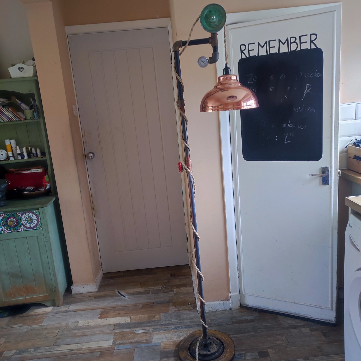 Vintage Industrial Steampunk Floor Lamp with Yellow Lampshade & Edison Bulbs
