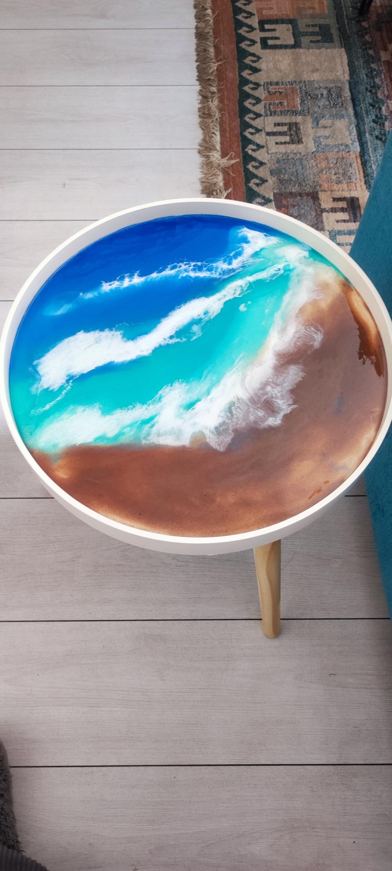 Resin Coffee Table with Sea Art Inspiration and Natural Sand Accents | Retro Side Table with Contemporary Design