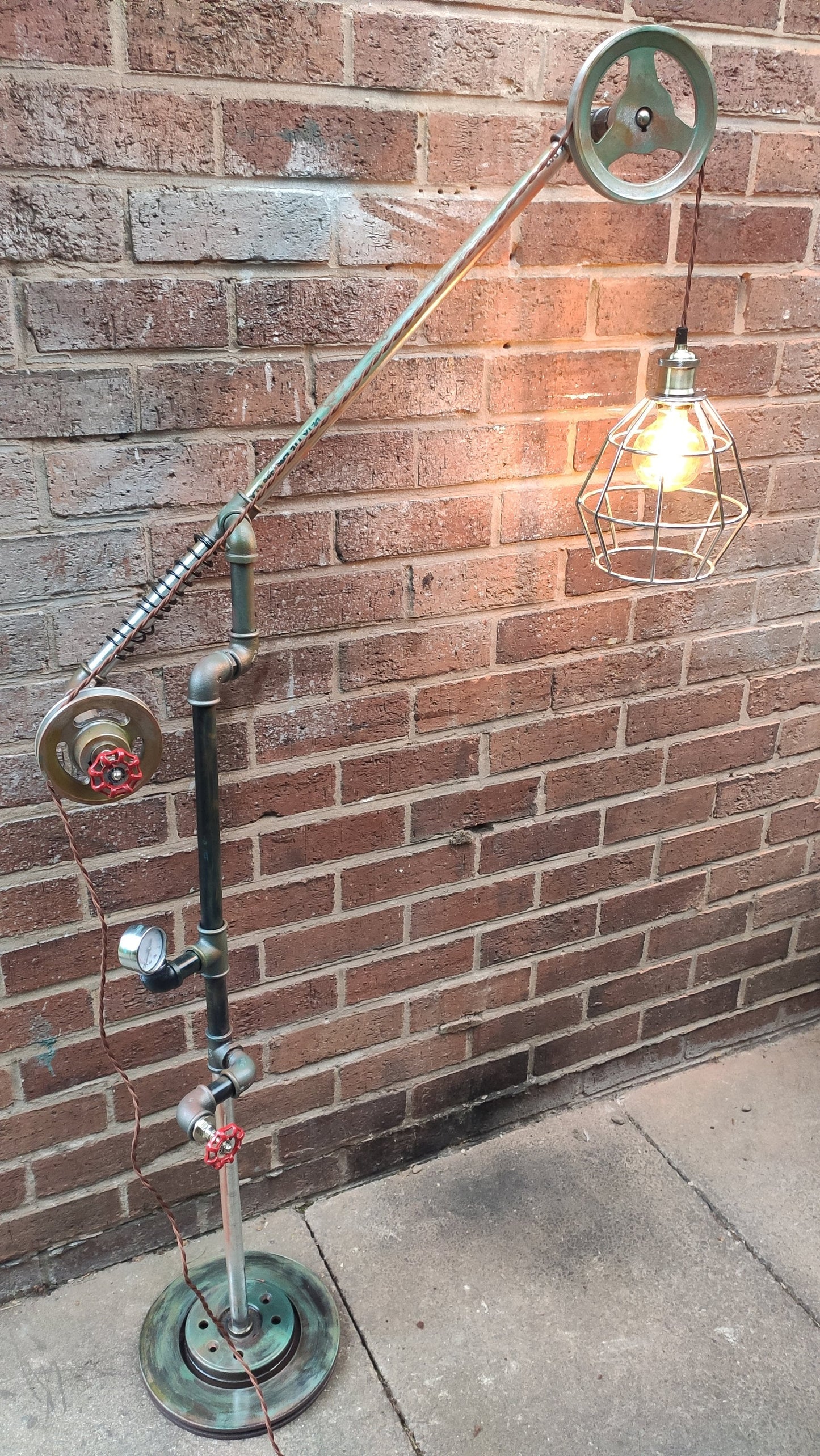 Handmade Retro Industrial Steampunk Vintage Floor Lamp with Red Lampshades & Patina Finish