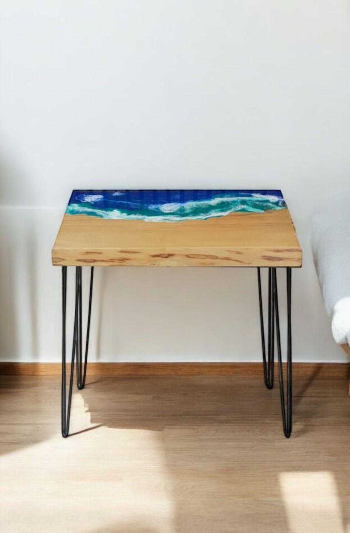 Steampunk Industrial Oak Coffee Table Resin Ocean Waves Effect Lacquered Pin Legs Design