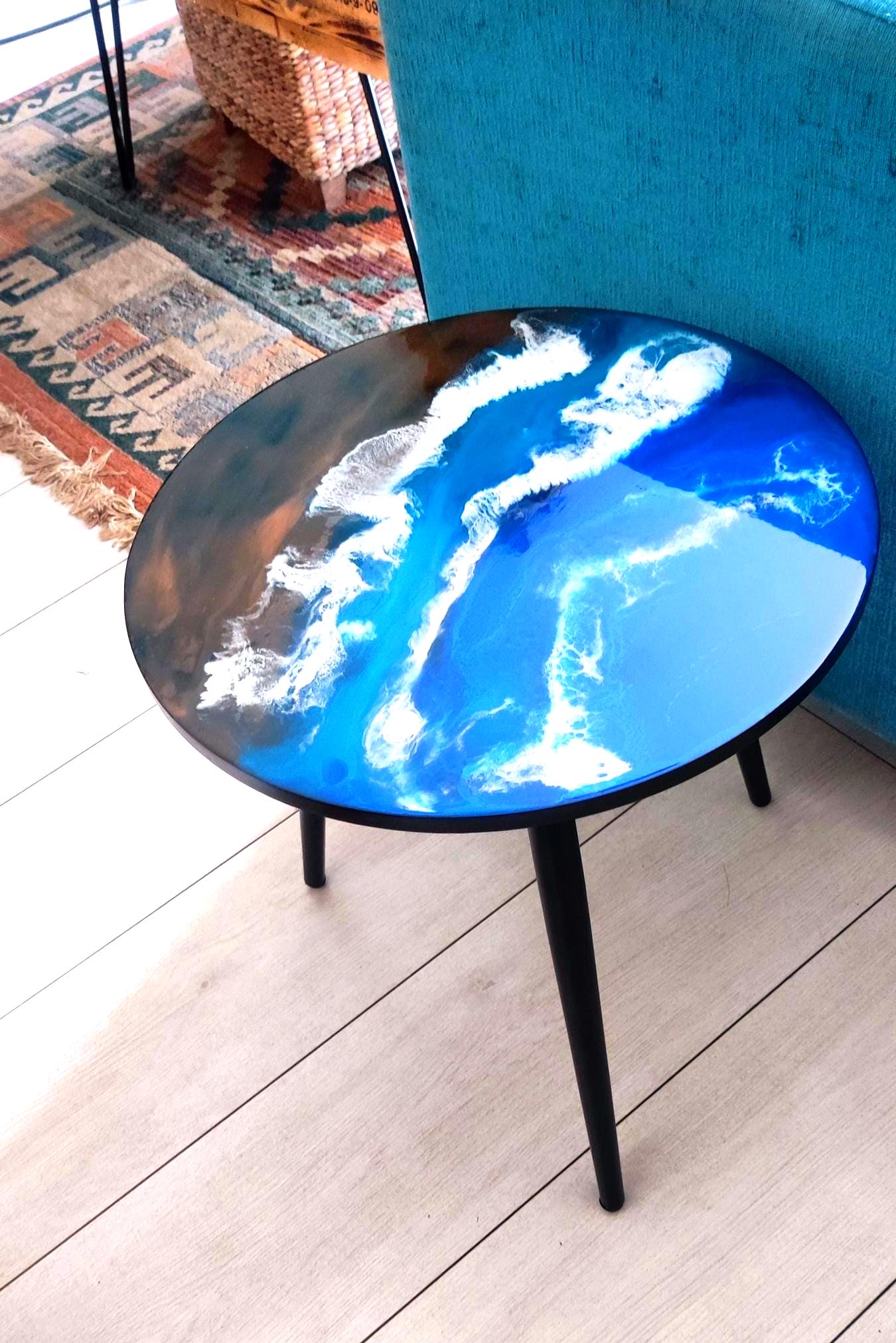 Handcrafted Resin Coffee Table with Sea Art Inspiration on Metal Legs - Retro Coastal Bedside Table with Natural Sand Art Detail