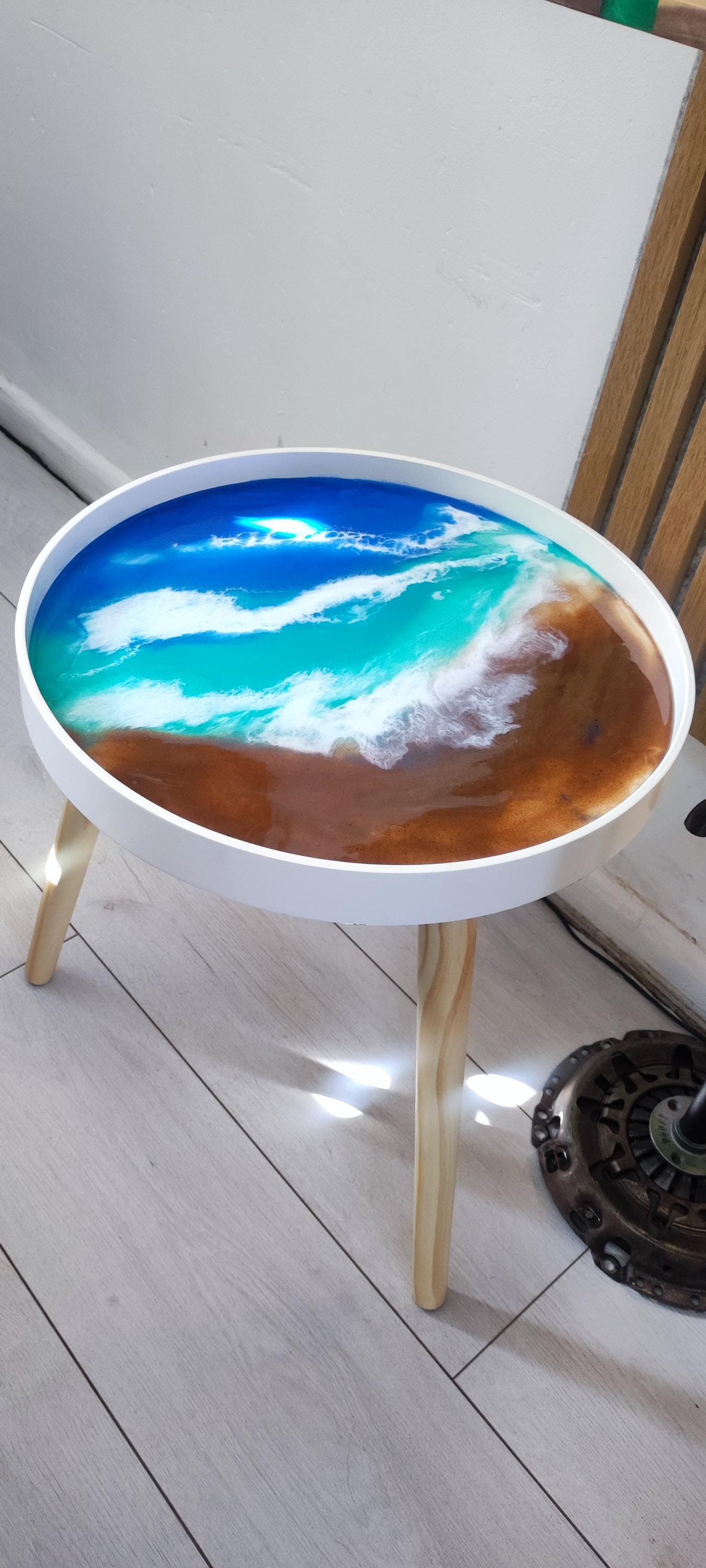 Resin Coffee Table with Sea Art Inspiration and Natural Sand Accents | Retro Side Table with Contemporary Design