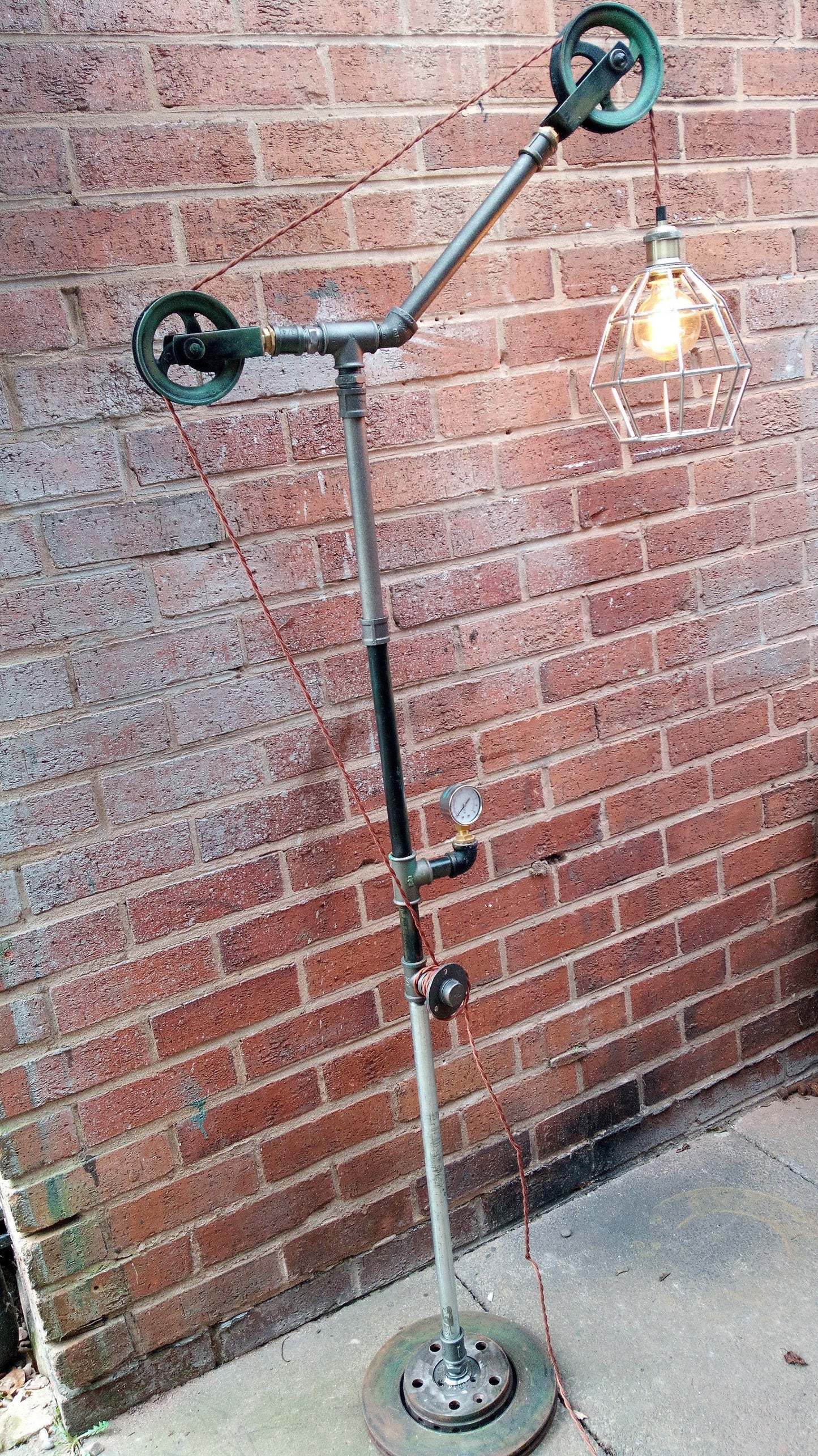 Handmade Industrial Steampunk Pipe Floor Lamp with Vintage Yellow Lampshade