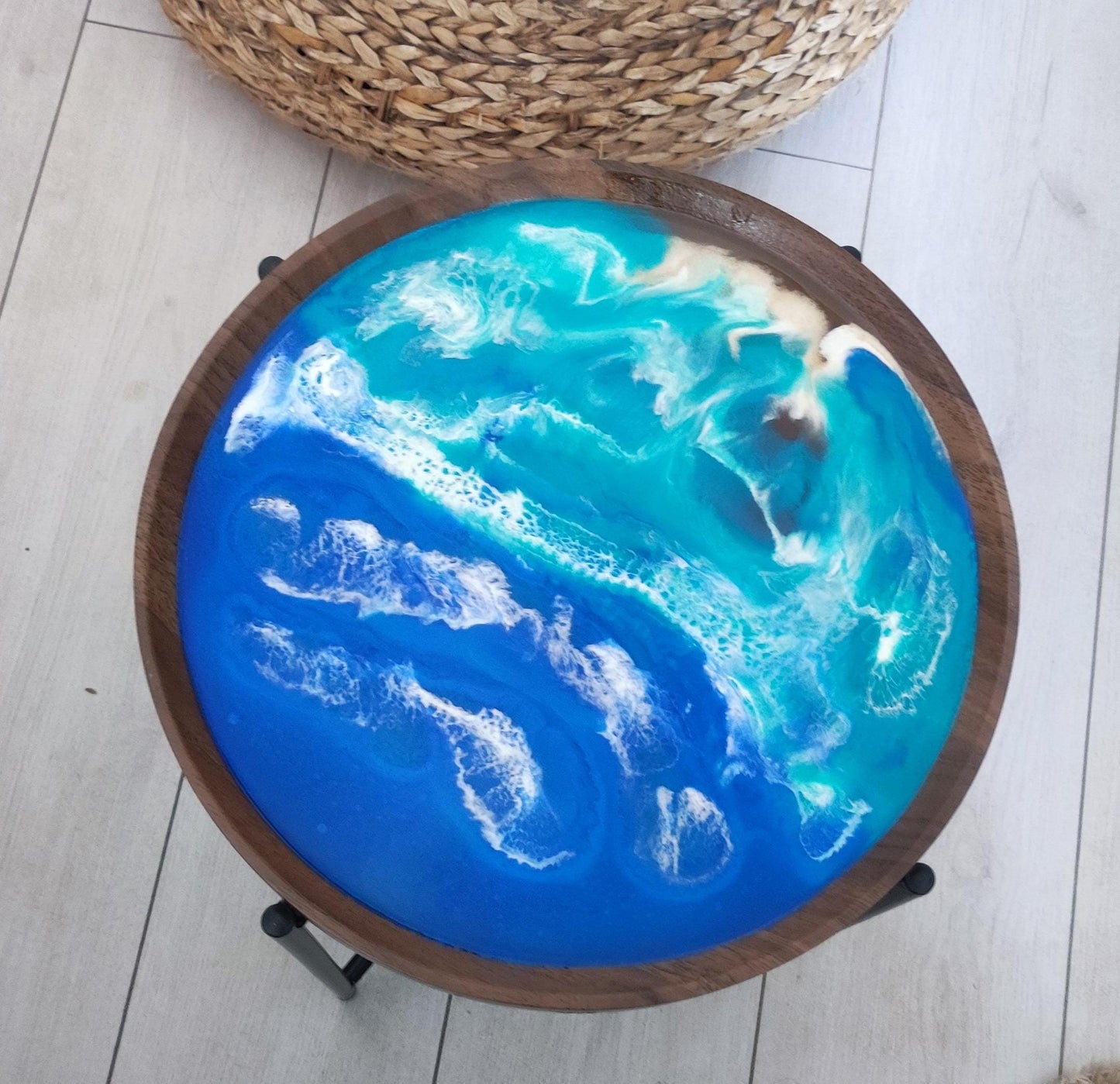 Seaside-Inspired Tray Table | Modern Coastal Bedside Table with Removable Top and Ocean Waves Resin Design