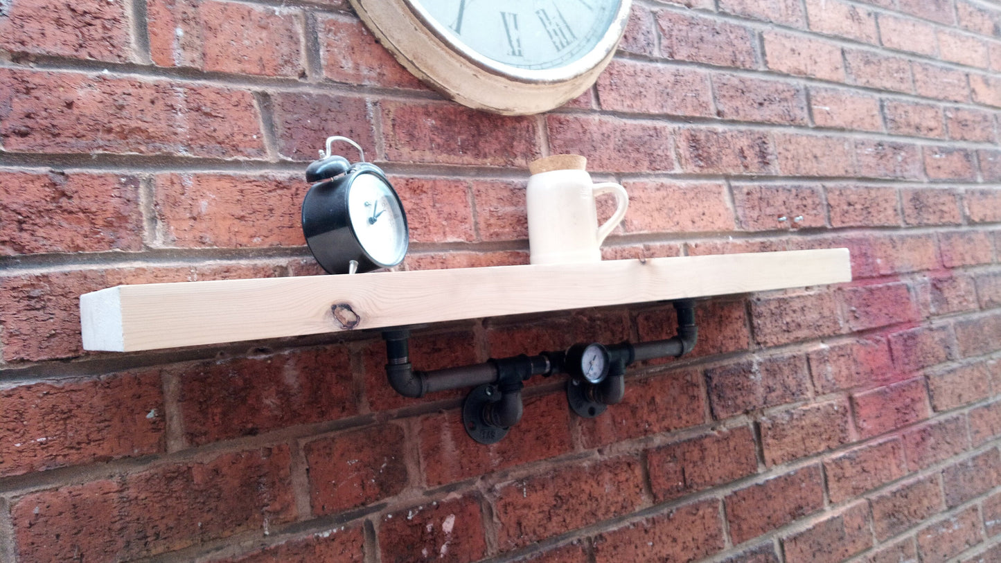 Handcrafted Steampunk Industrial Retro Style Shelves made from Pine Wood and Steel Pipe for Quirky Home Decor