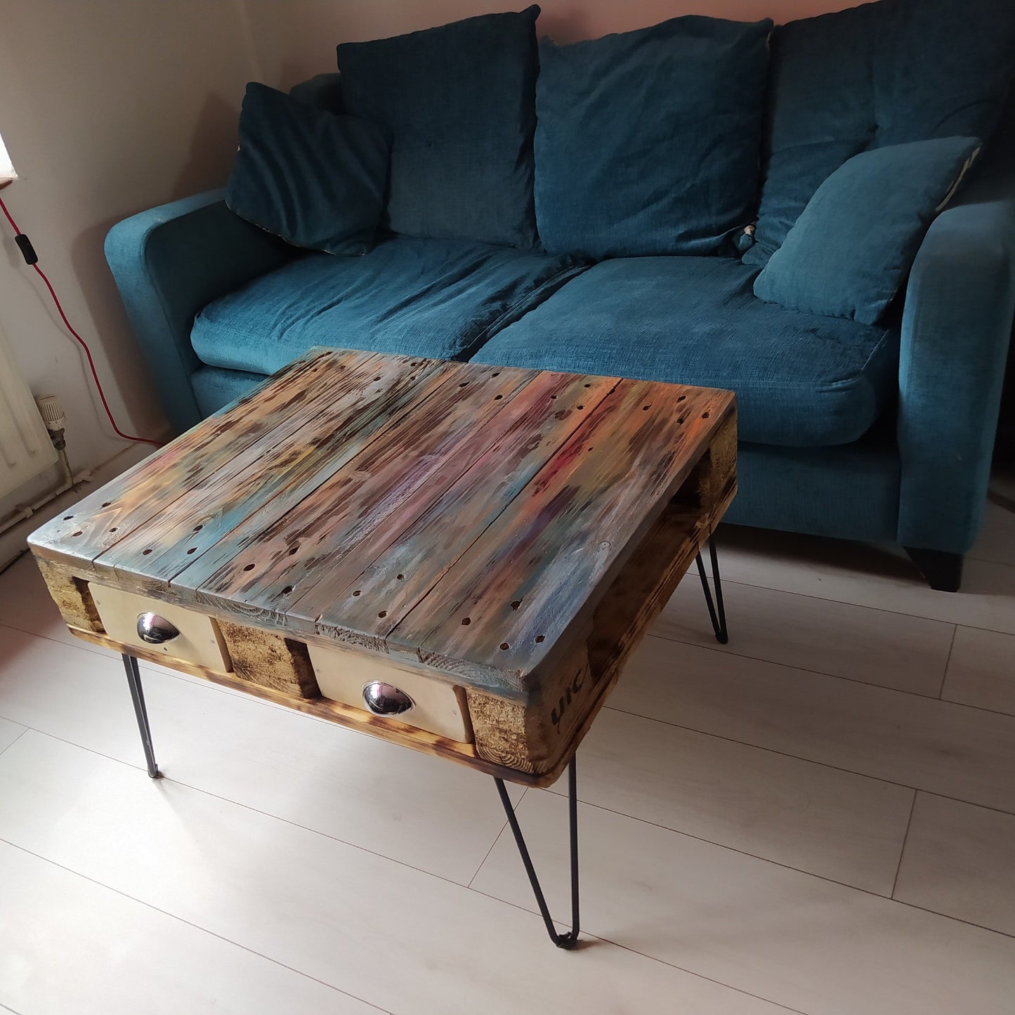 Unique Steampunk Industrial Coffee Table with Recycled Pallet Top and Metal Legs - Quirky Design for Any Room
