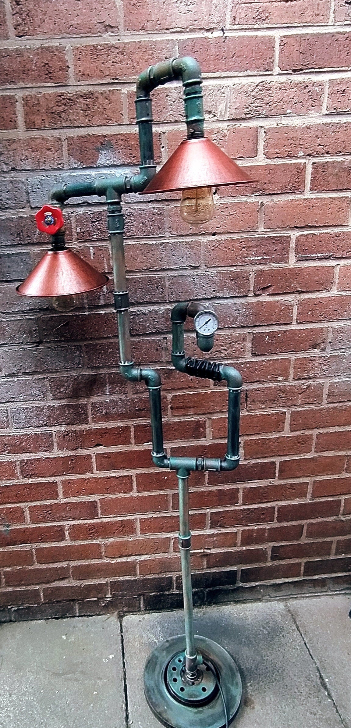 Retro Industrial Steampunk Vintage Floor Lamp with Red Shades - Handcrafted Metal Pipe Design, Includes Antique Bulbs and Lamp Switch