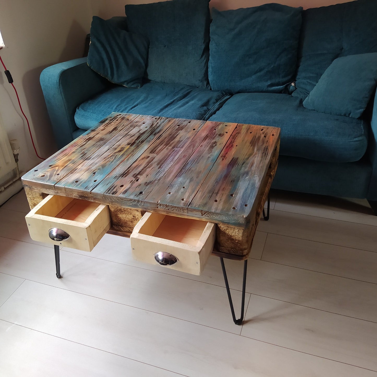 Unique Steampunk Industrial Coffee Table with Recycled Pallet Top and Metal Legs - Quirky Design for Any Room