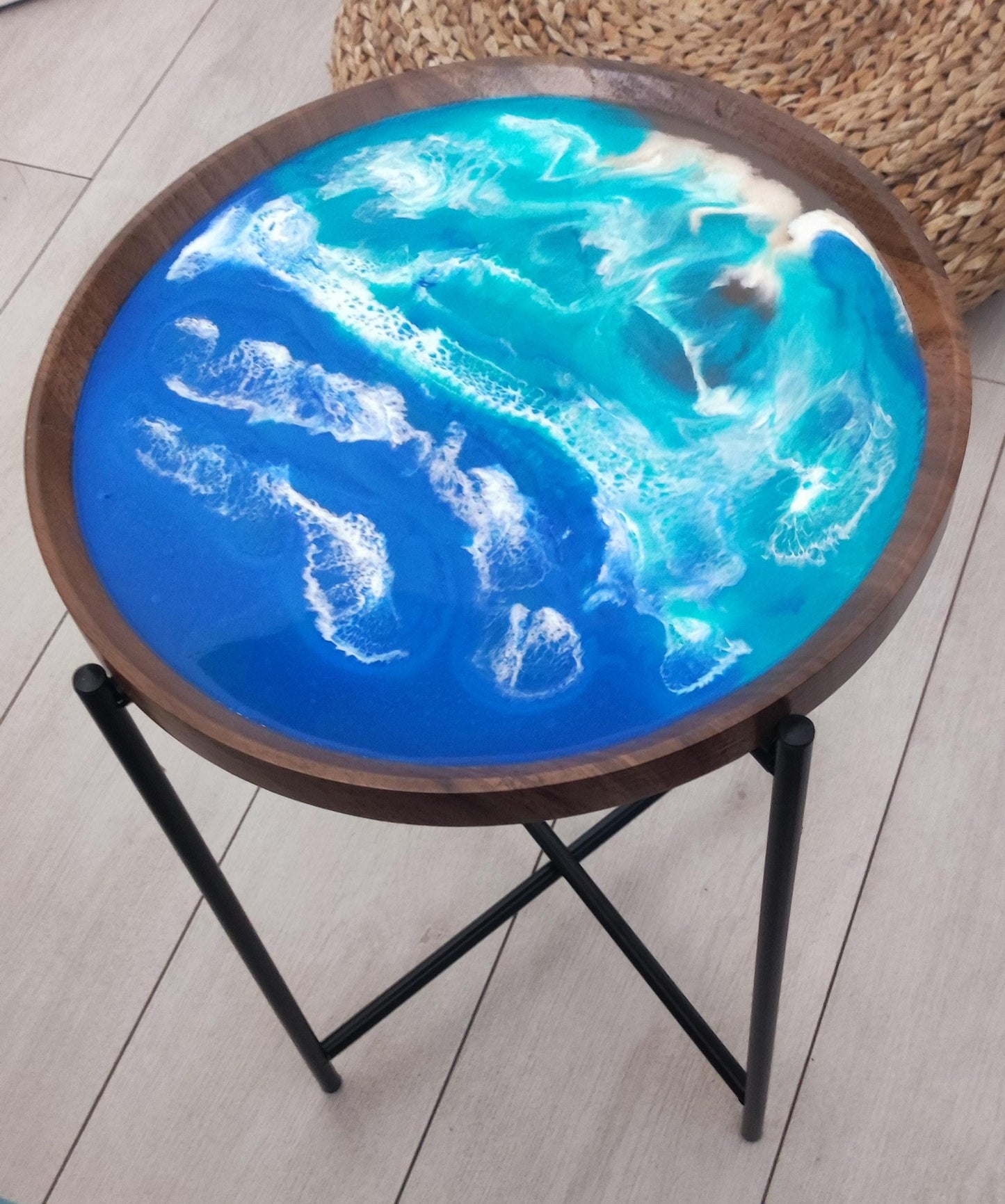 Seaside-Inspired Tray Table | Modern Coastal Bedside Table with Removable Top and Ocean Waves Resin Design