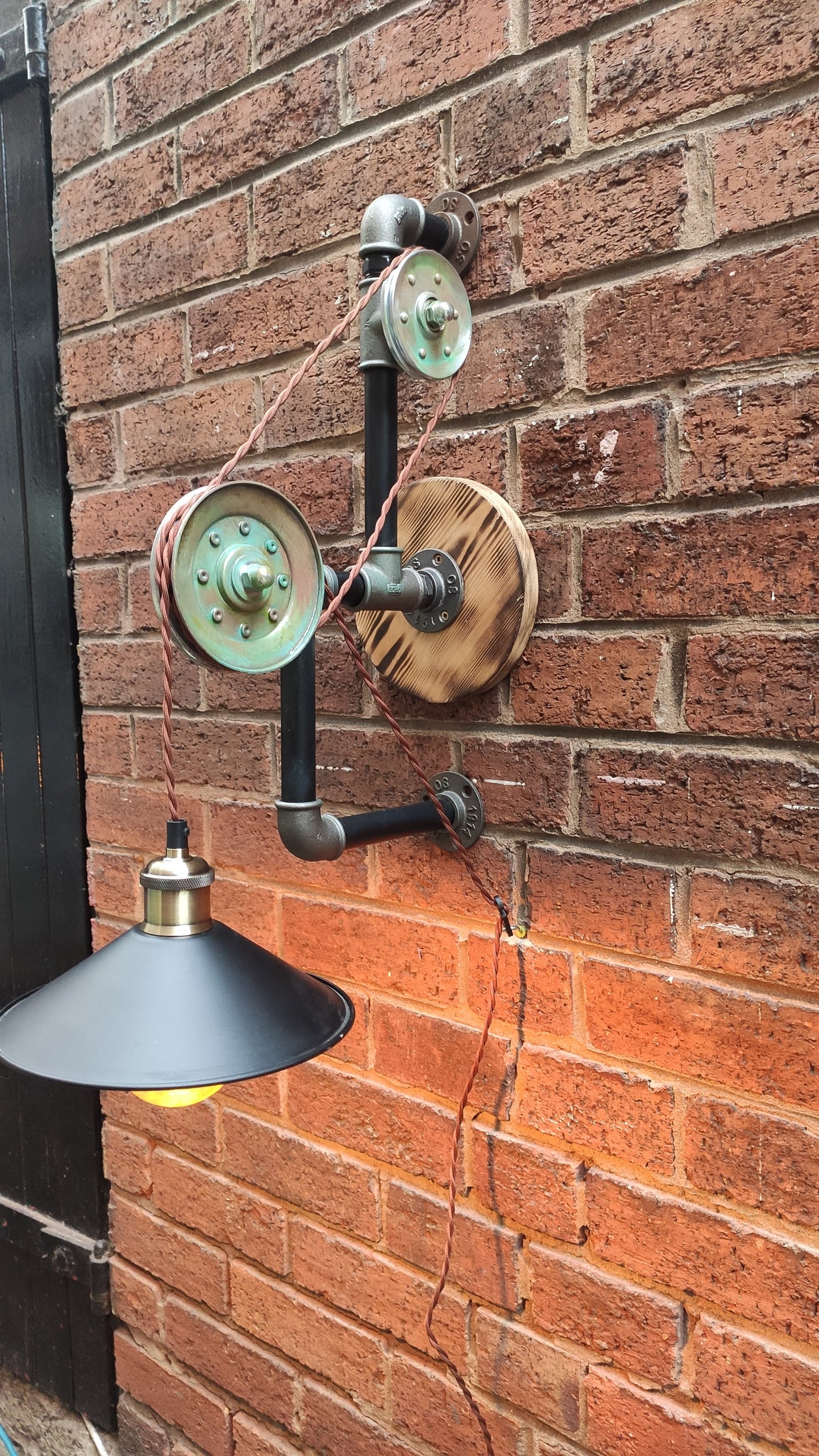 Vintage Industrial Steampunk Hanging Lamp with Red Lampshades - Handmade Retro Pipe Design with Pulley Wheel and Patina Finish - Vintage