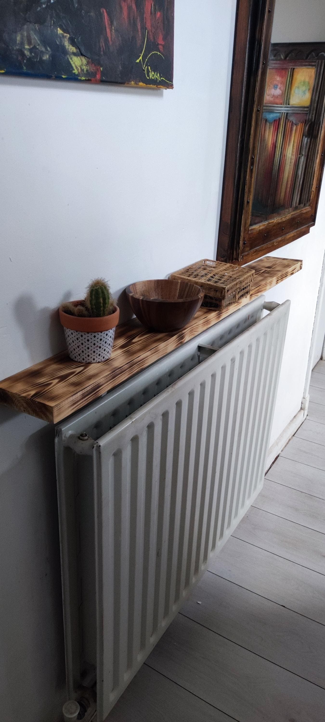 Quirky Industrial Radiator Table with Burned Pine Wood Console Top - No Drilling Needed, Custom Sizes Available